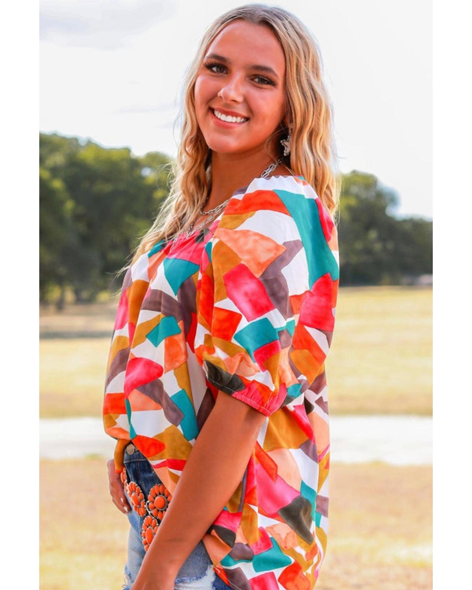 Azura Exchange Abstract Print Square Neck Short Sleeve Blouse - L Secondary image