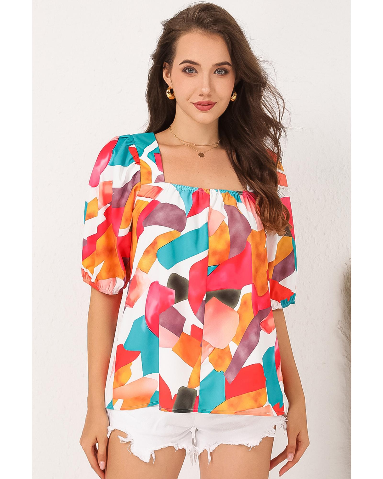 Azura Exchange Abstract Print Square Neck Short Sleeve Blouse - M