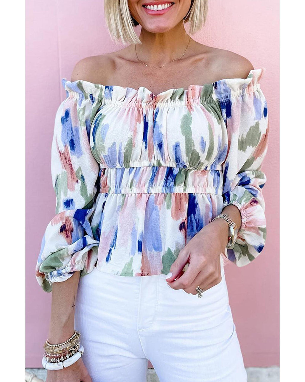 Azura Exchange Abstract Print Frill Off Shoulder Blouse - L