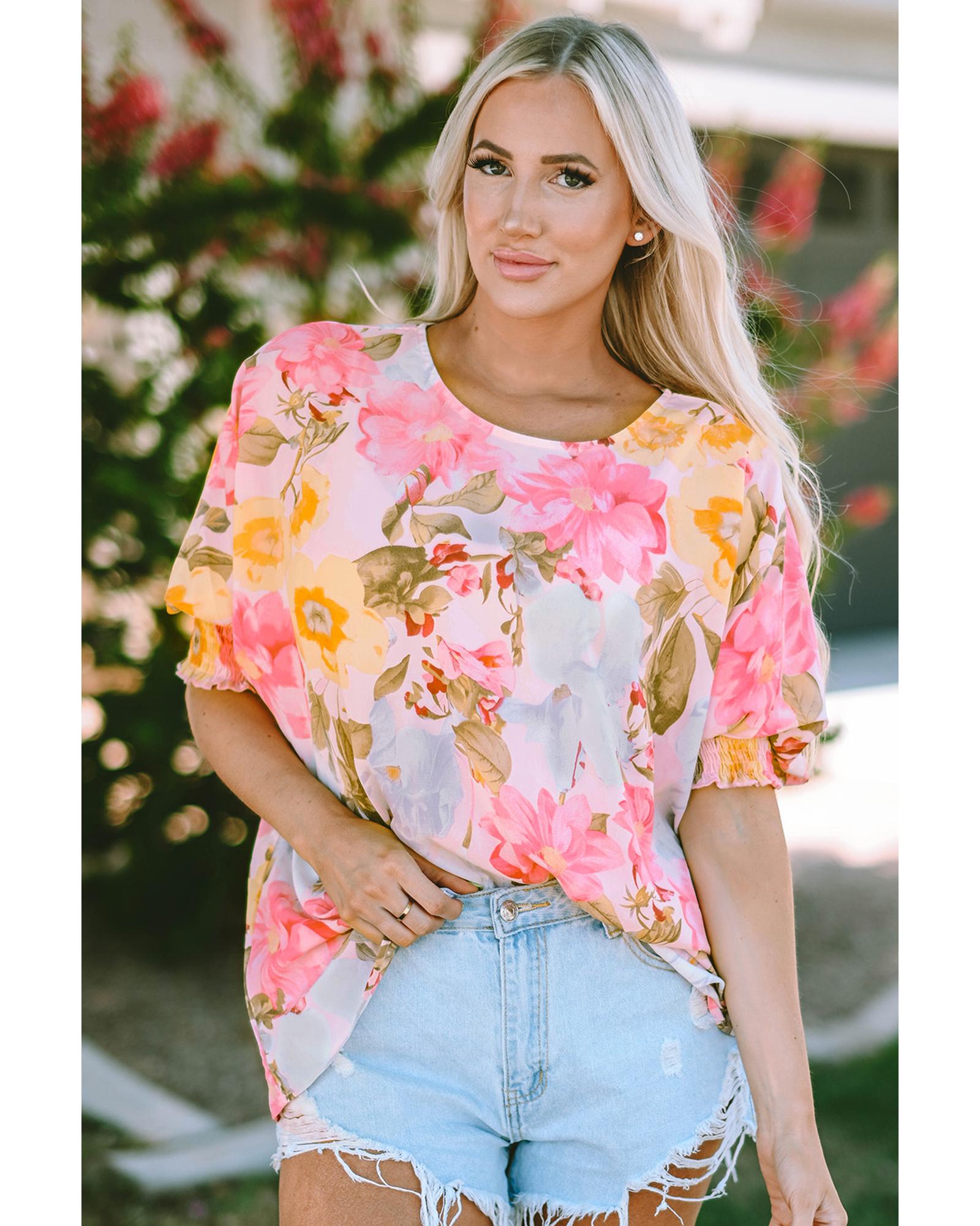Azura Exchange Floral Blouse with Shirred Cuff Sleeves - M Main image