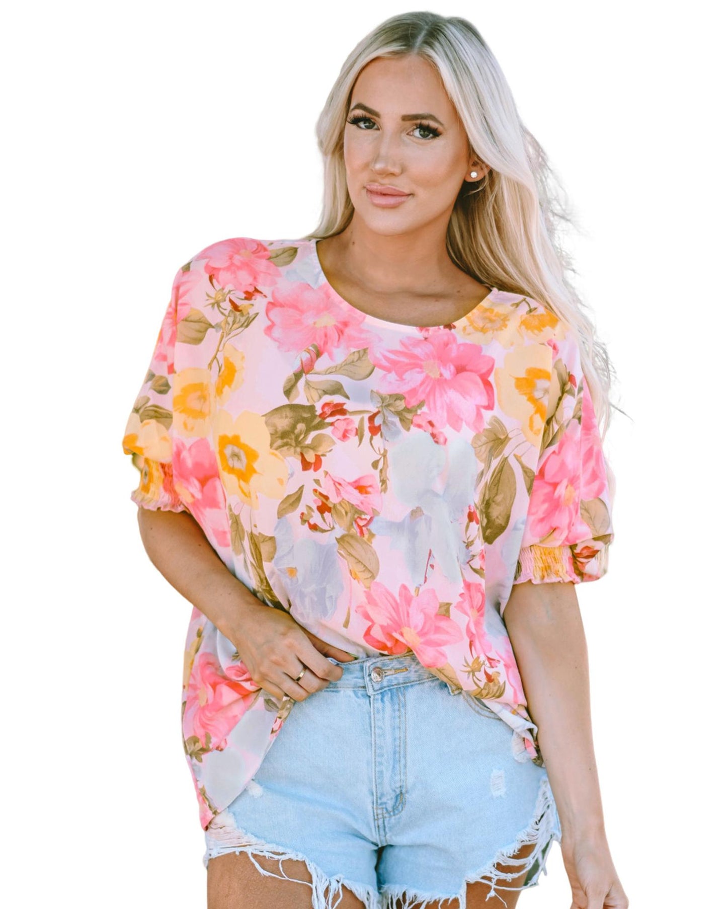 Azura Exchange Floral Blouse with Shirred Cuff Sleeves - M