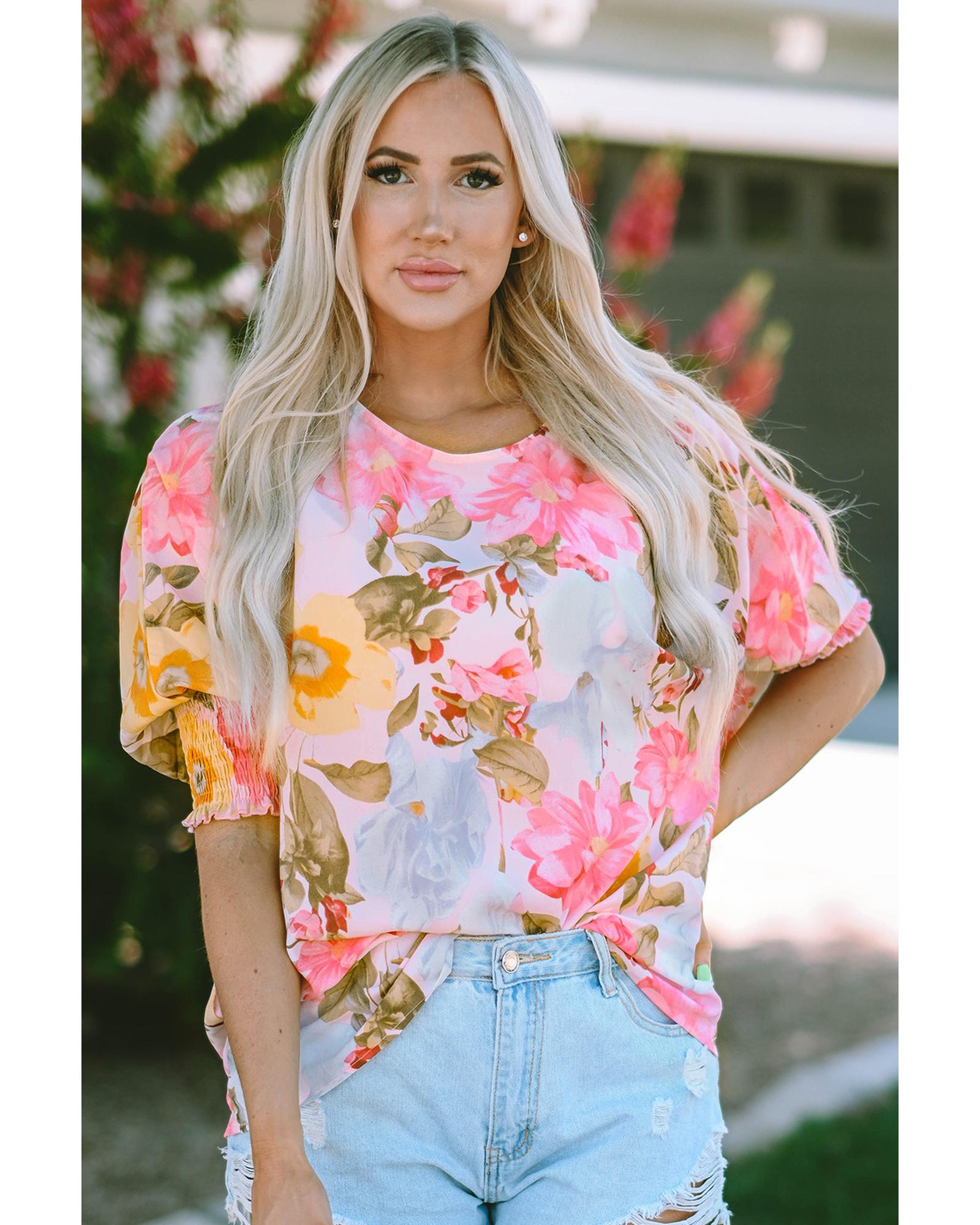 Azura Exchange Floral Blouse with Shirred Cuff Sleeves - S Secondary image