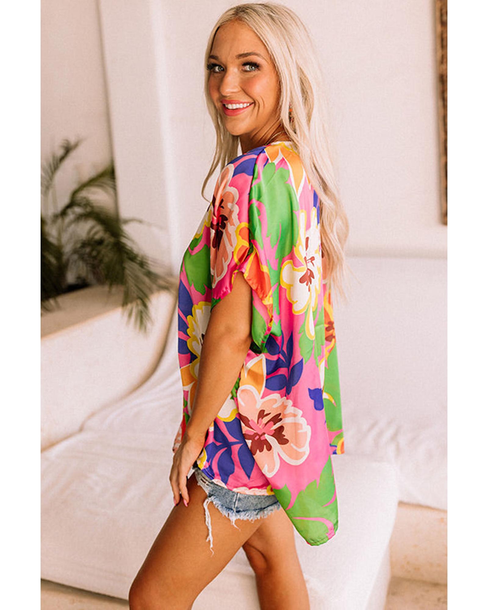 Azura Exchange Loose Fit Floral Print V Neck Tunic Blouse - S