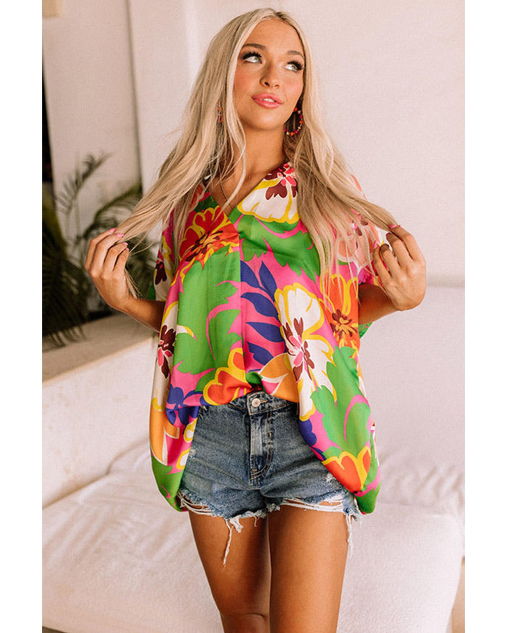 Azura Exchange Loose Fit Floral Print V Neck Tunic Blouse - XL