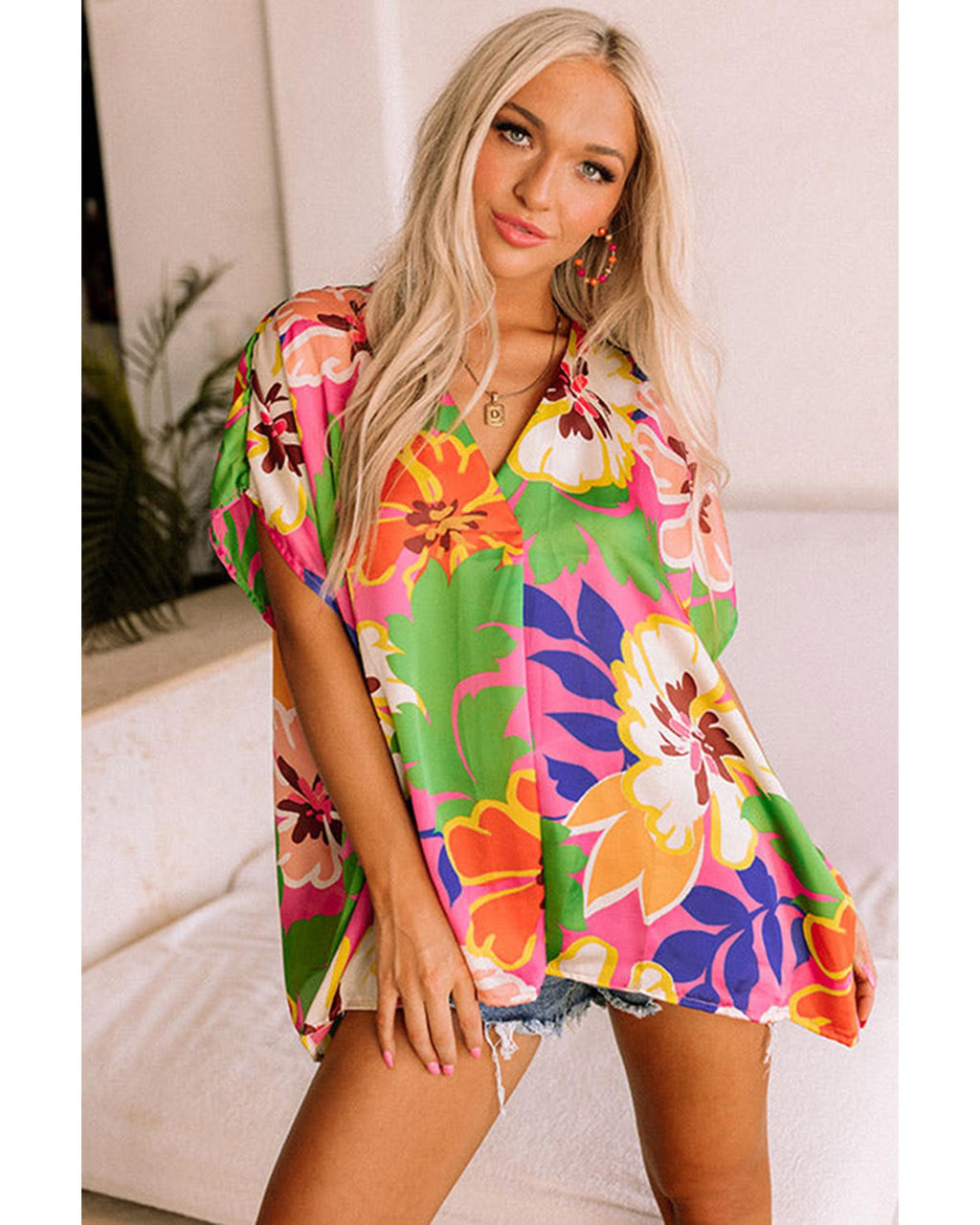 Azura Exchange Loose Fit Floral Print V Neck Tunic Blouse - XL