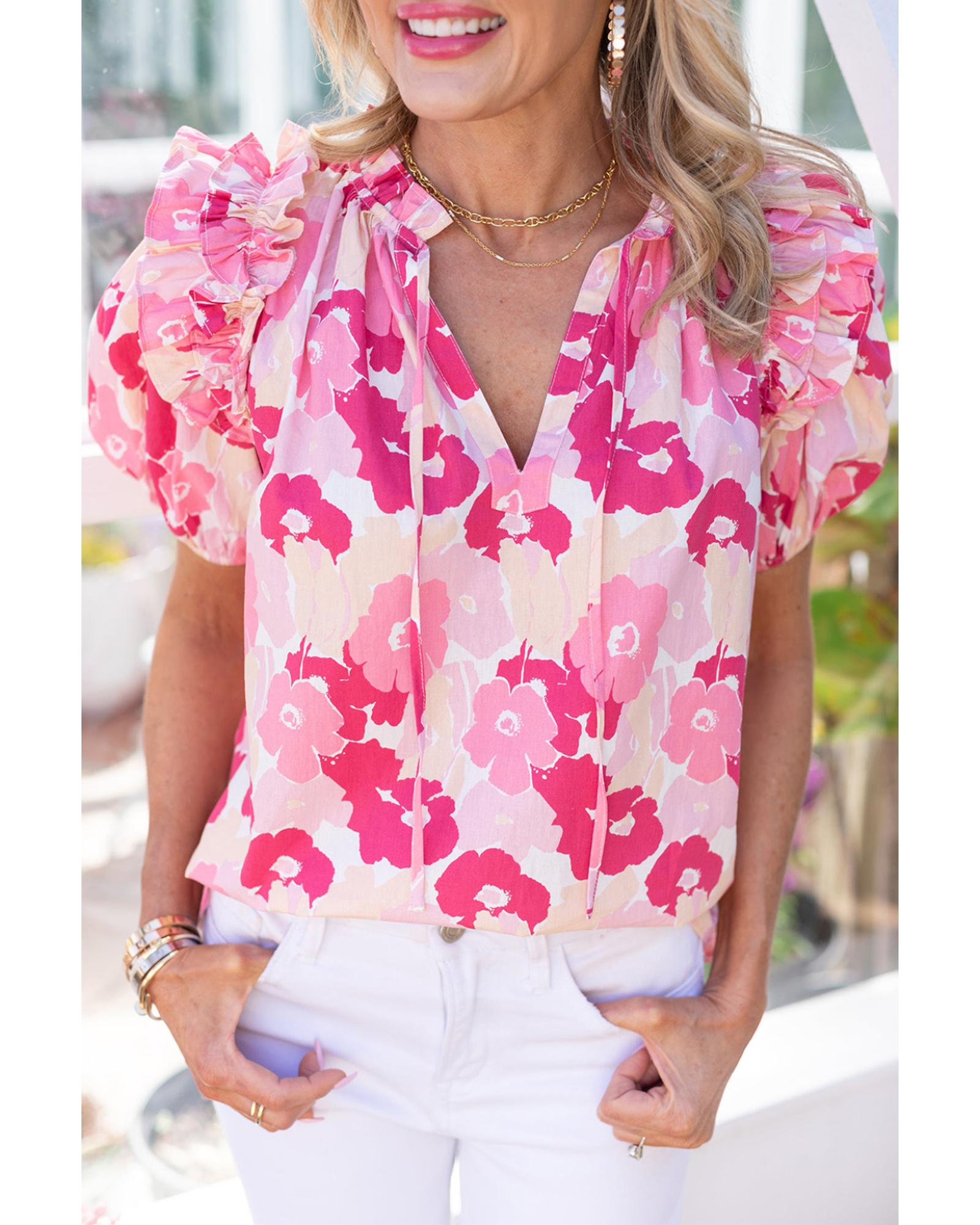 Azura Exchange Ruffled Floral Top with Split Neck and Puff Sleeves - L Main image