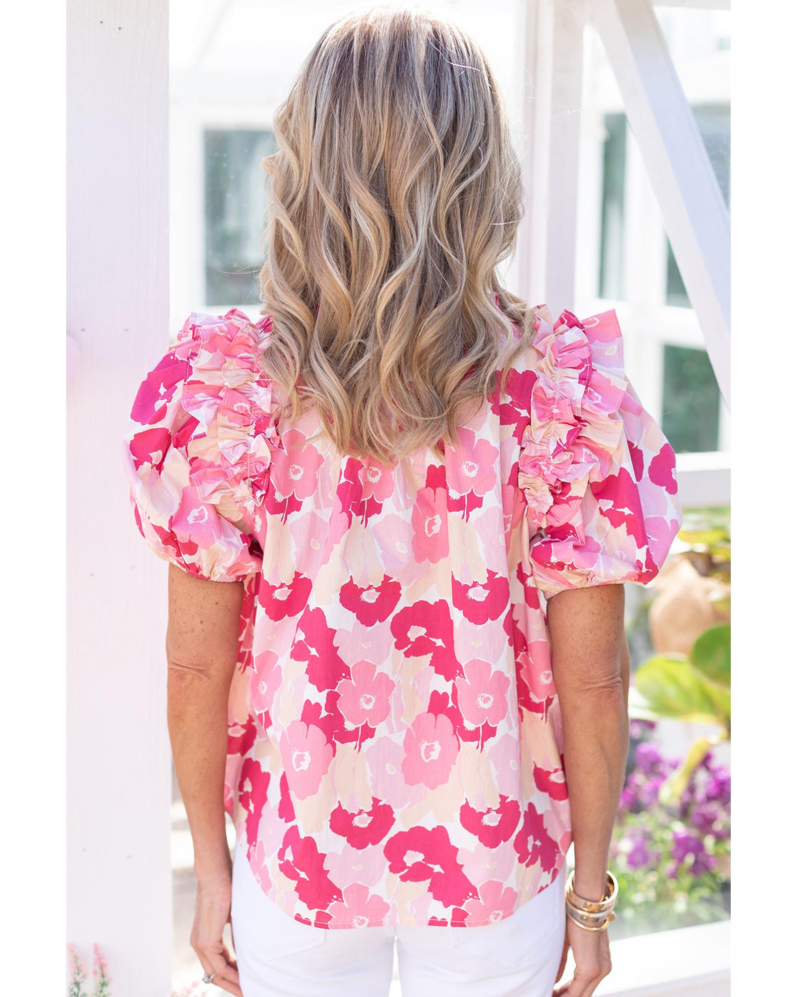 Azura Exchange Ruffled Floral Top with Split Neck and Puff Sleeves - L Secondary image