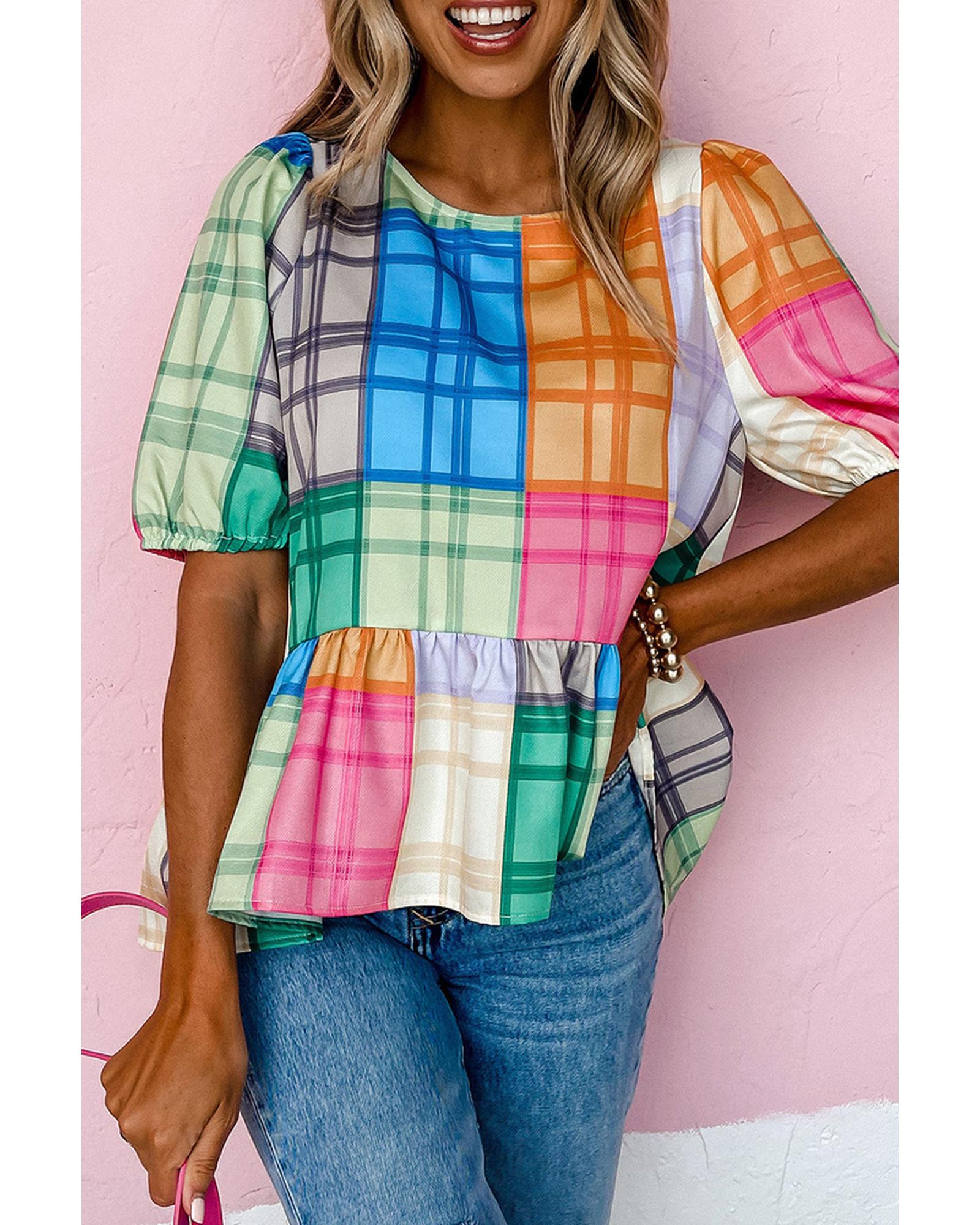 Azura Exchange Bold Plaid Color Block Puff Sleeve Peplum Top - XL Main image