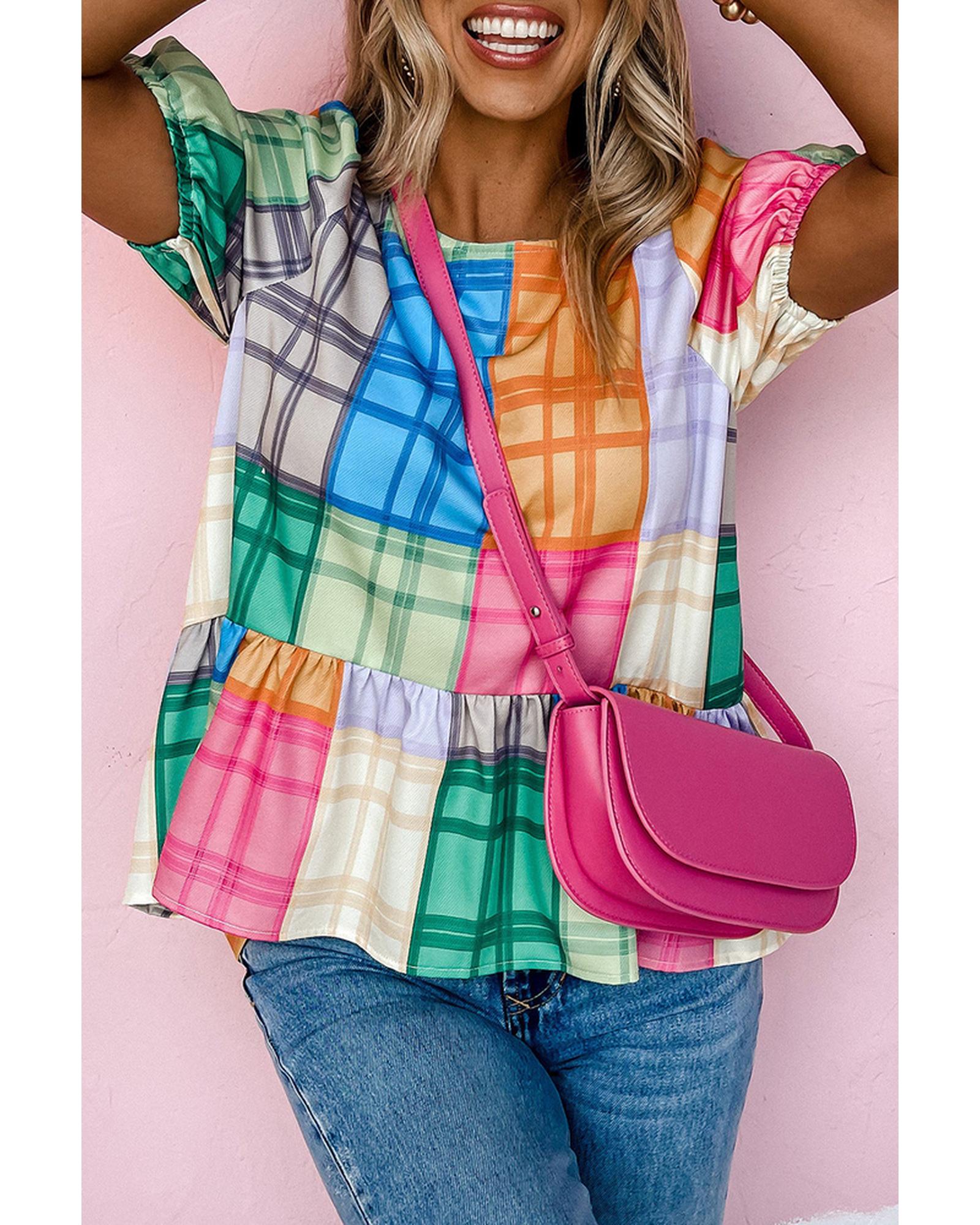 Azura Exchange Bold Plaid Color Block Puff Sleeve Peplum Top - XL Secondary image