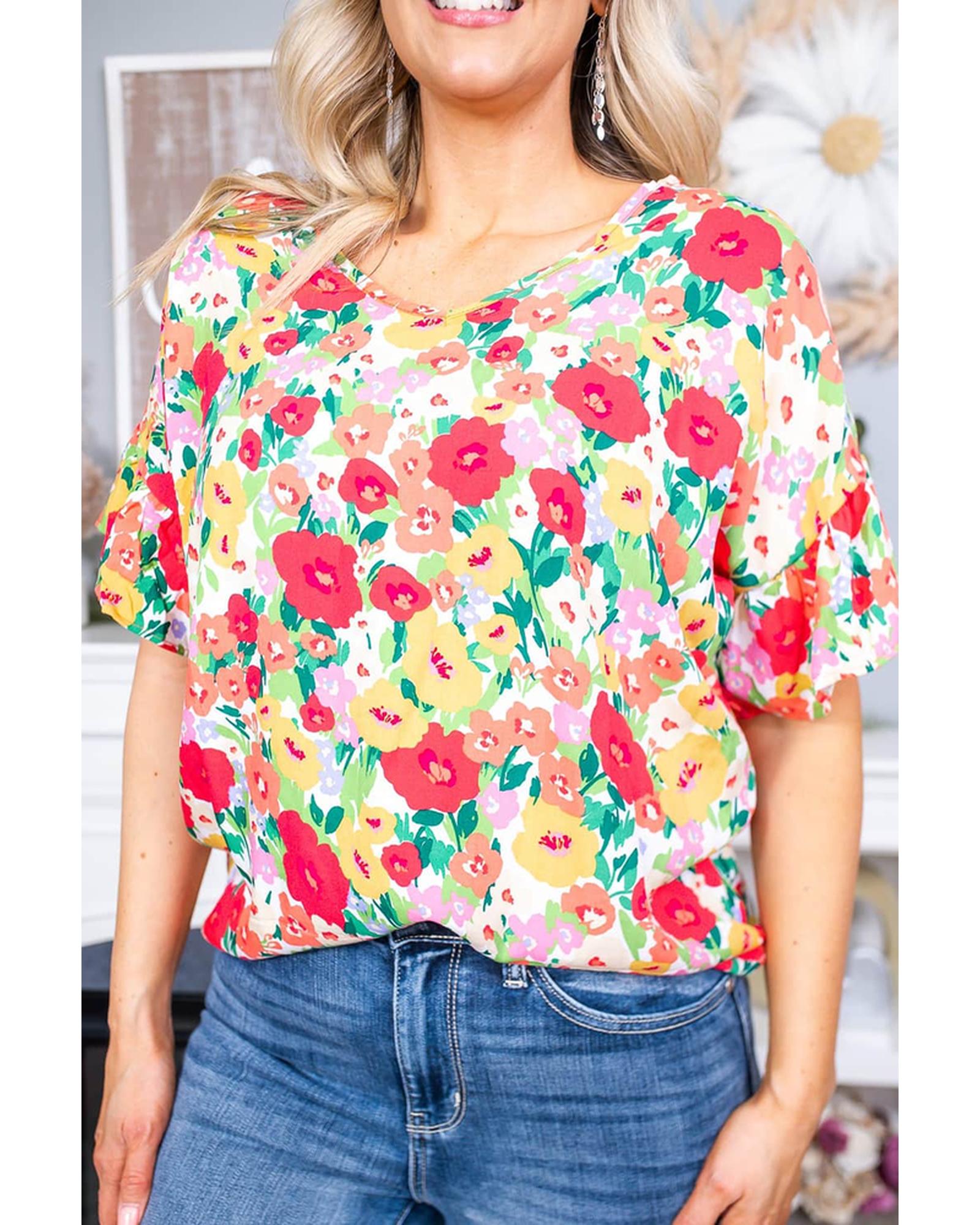 Azura Exchange Ruffled V Neck Floral Print Blouse - L Main image