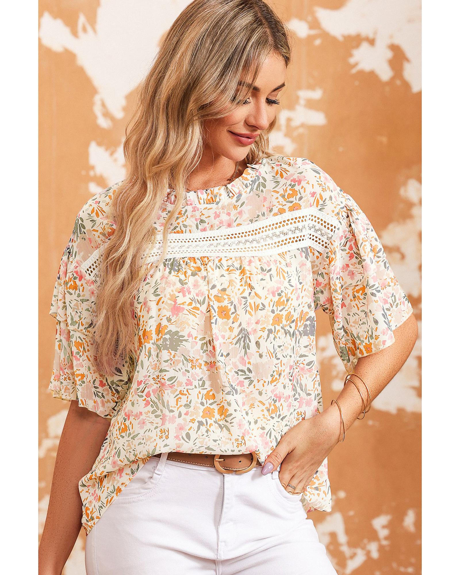 Azura Exchange Floral Print Wide Ruffle Sleeves Blouse - S Main image