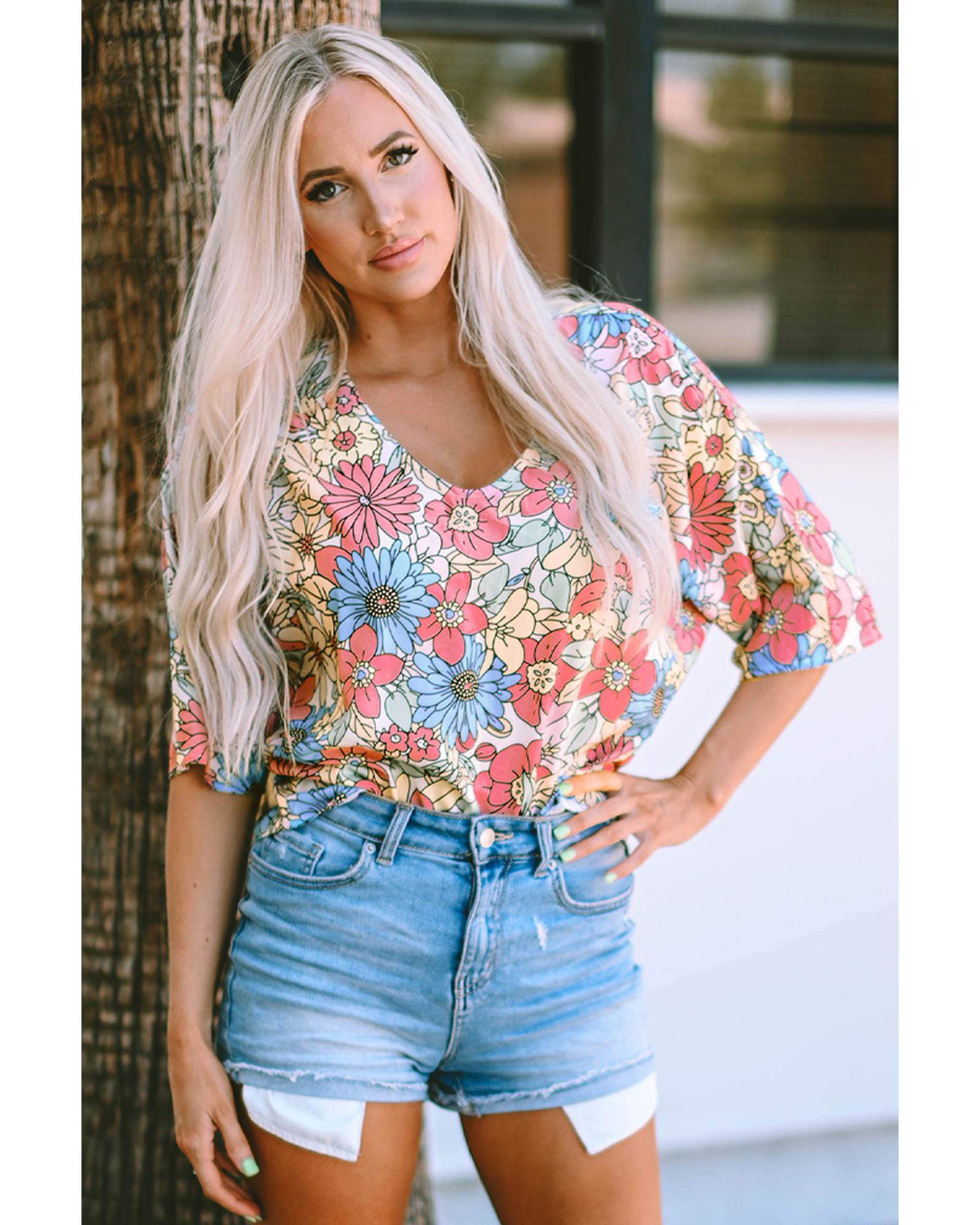 Azura Exchange Floral Print V Neck Half Sleeve Blouse - M Main image