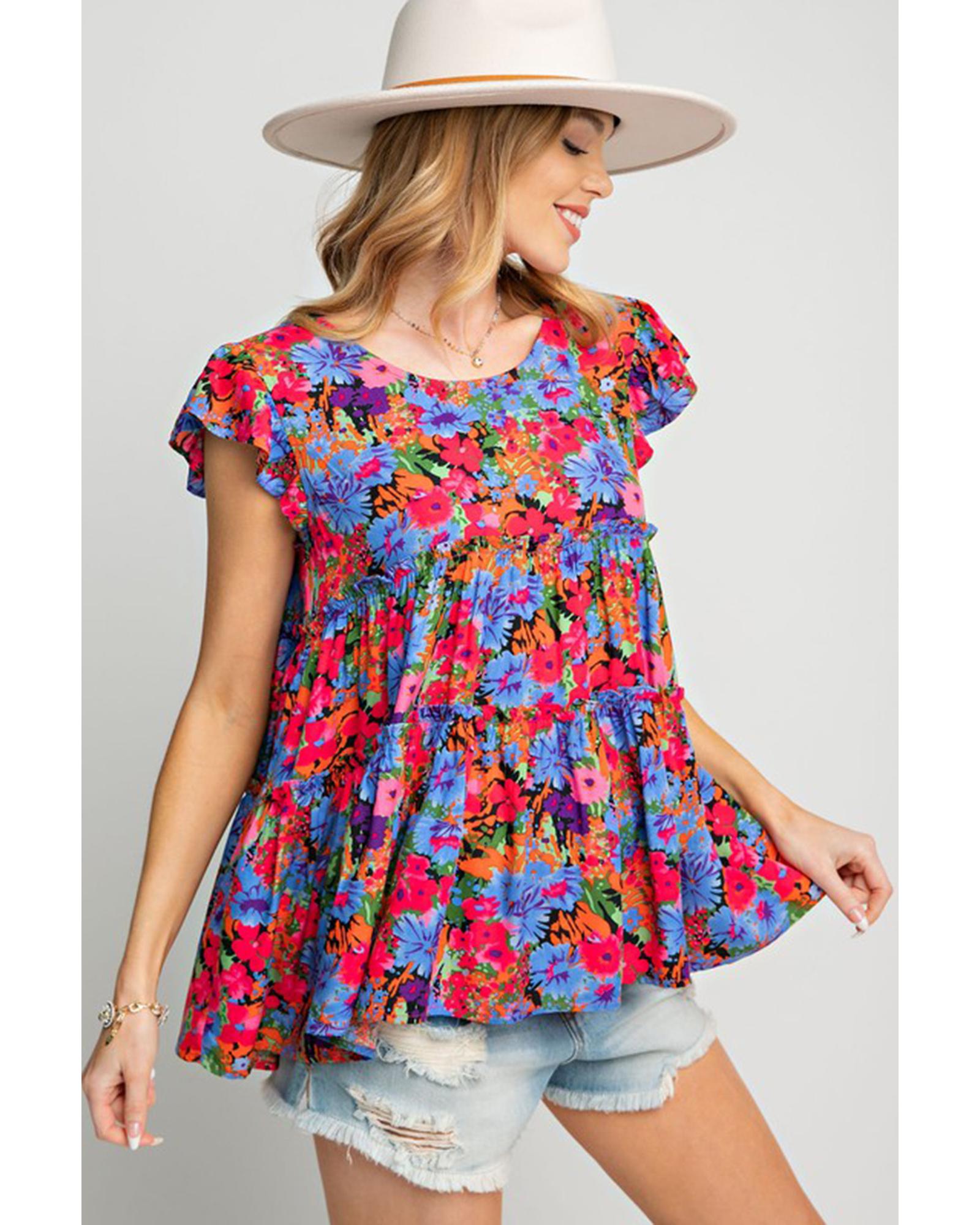 Azura Exchange Floral Print Ruffle Tiered Short Sleeve Babydoll Top - M Main image