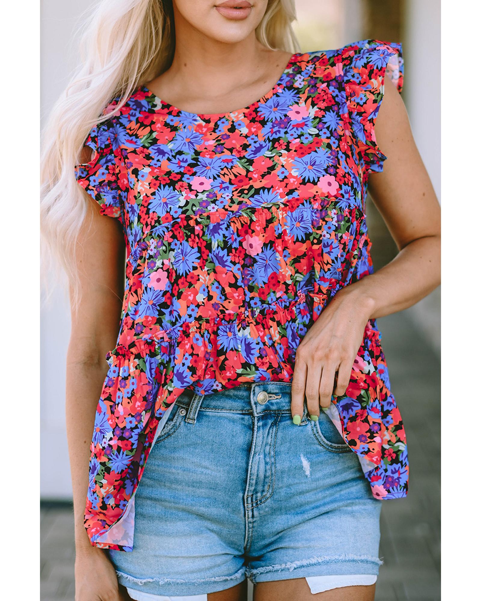 Azura Exchange Floral Print Ruffle Tiered Short Sleeve Babydoll Top - M Secondary image