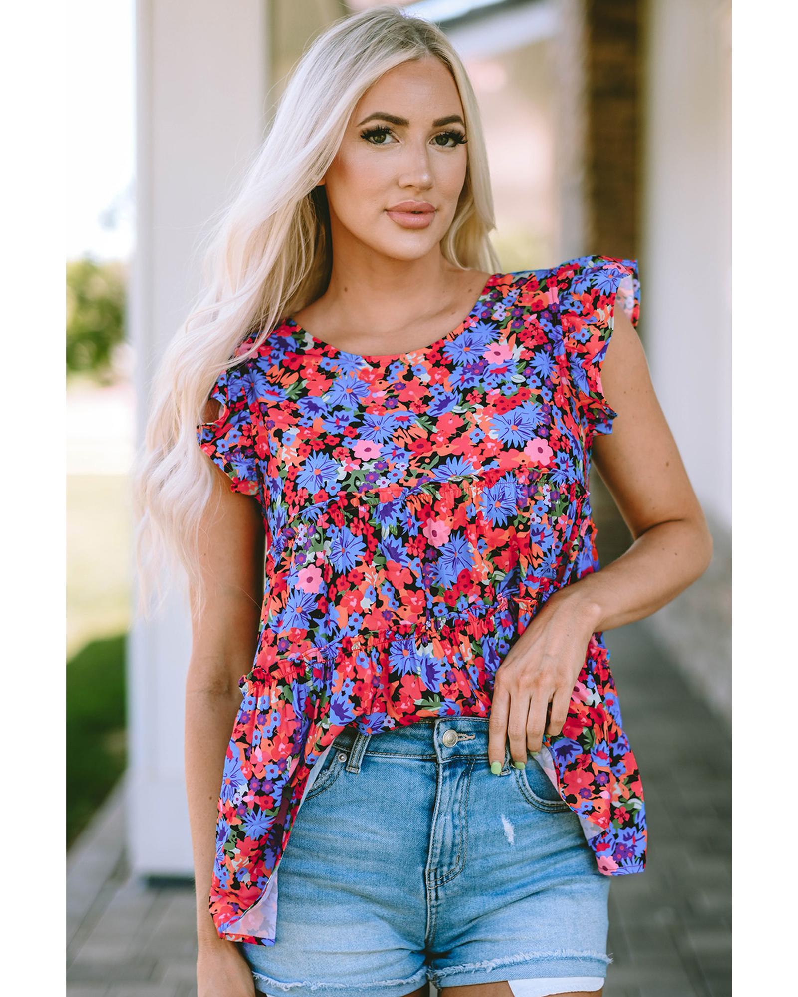 Azura Exchange Floral Print Ruffle Tiered Short Sleeve Babydoll Top - M
