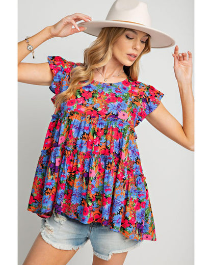 Azura Exchange Floral Print Ruffle Tiered Short Sleeve Babydoll Top - M