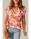 Azura Exchange Floral Ruffle Sleeve Blouse with Split V-Neck - M