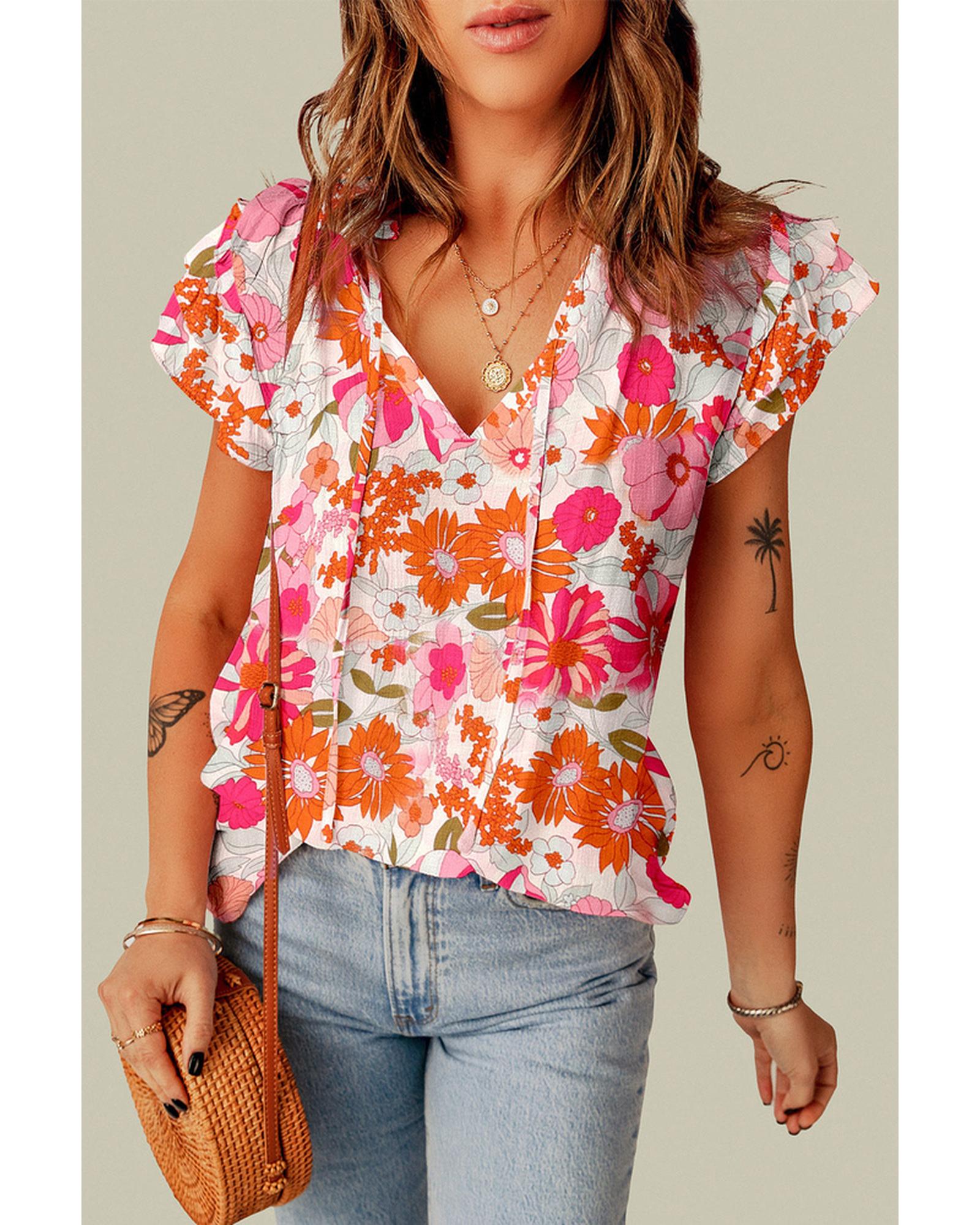 Azura Exchange Floral Ruffle Sleeve Blouse with Split V-Neck - XL Main image