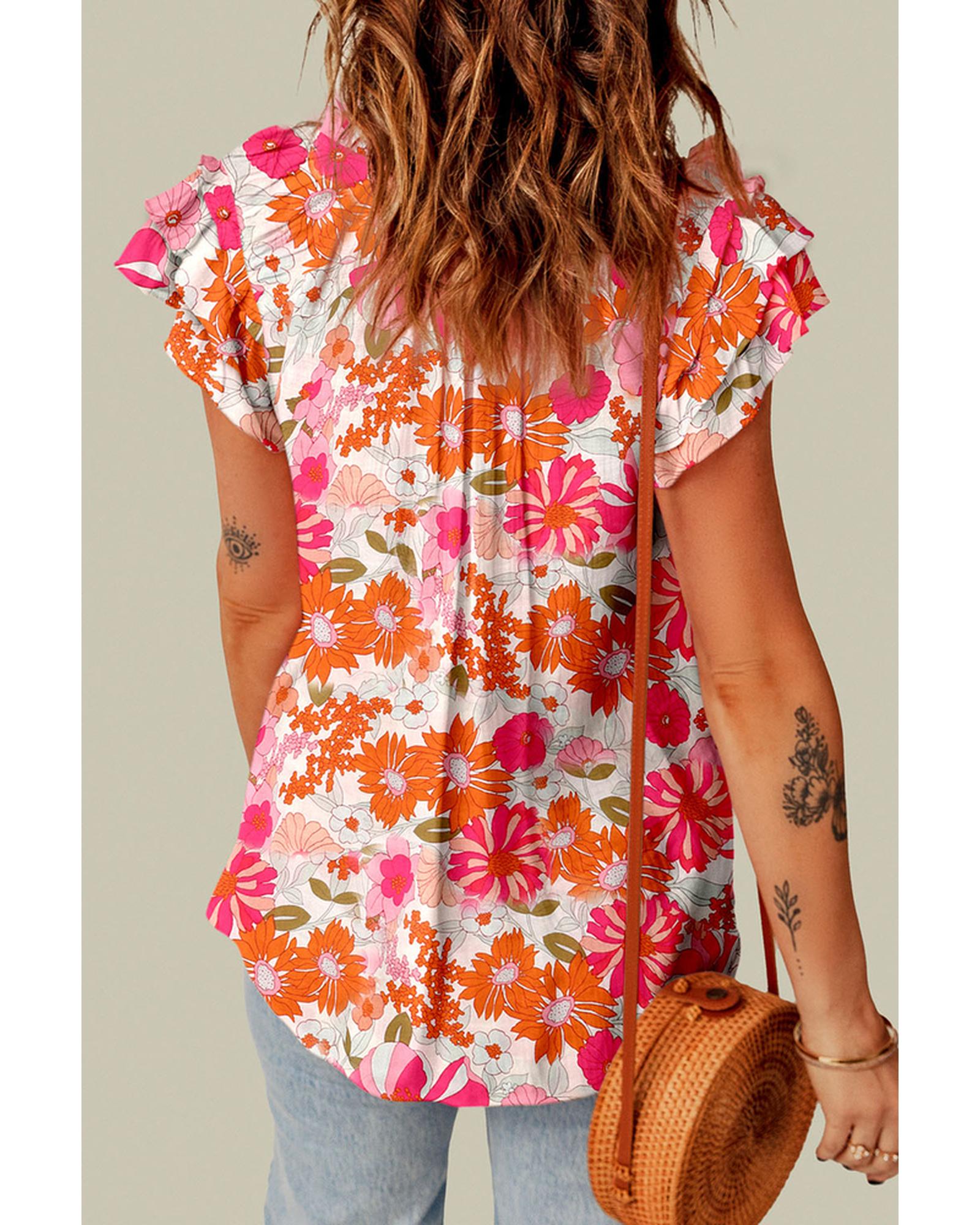 Azura Exchange Floral Ruffle Sleeve Blouse with Split V-Neck - XL Secondary image