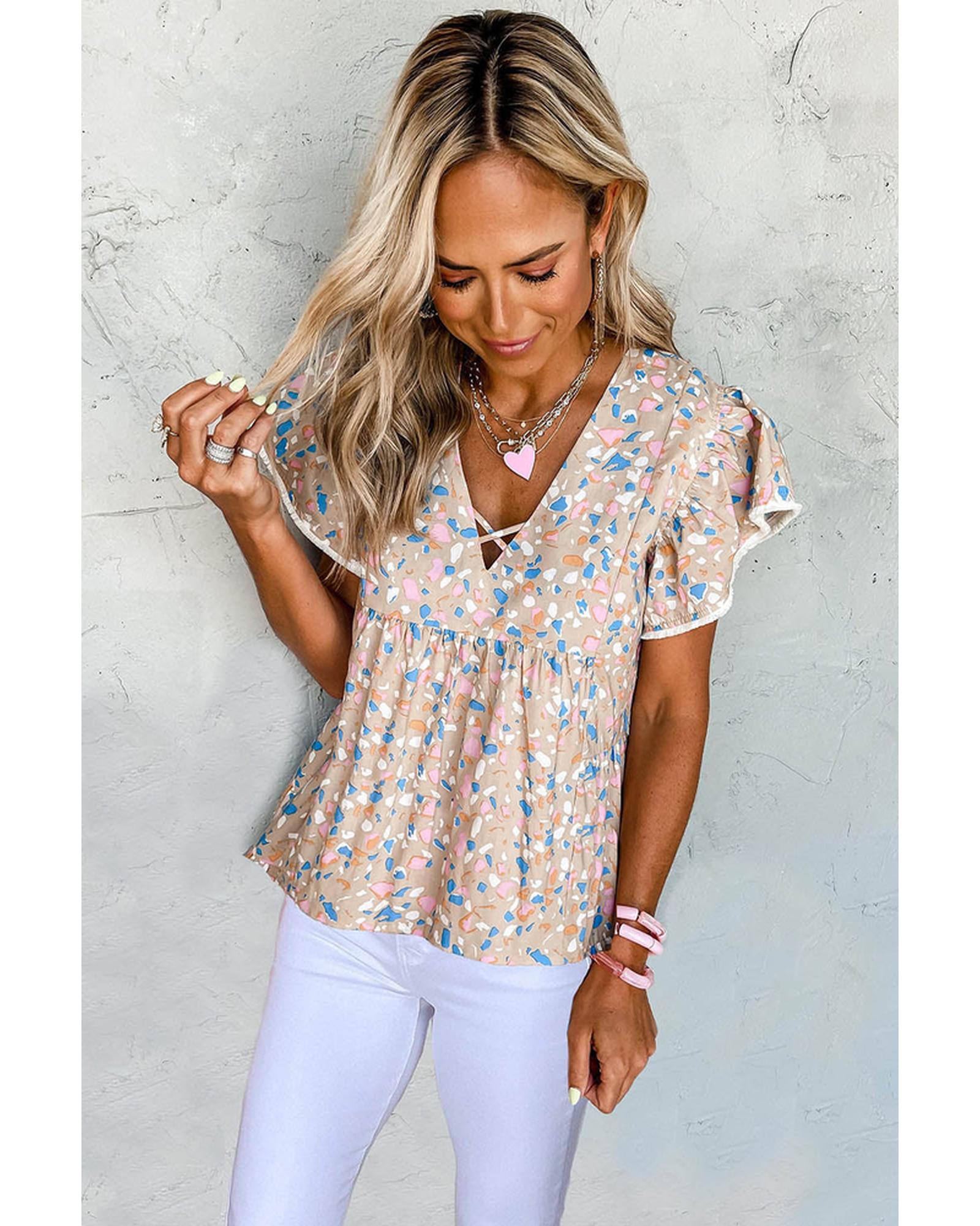 Azura Exchange Crisscross V Neck Ruffle Sleeve Printed Flowy Blouse - M Secondary image