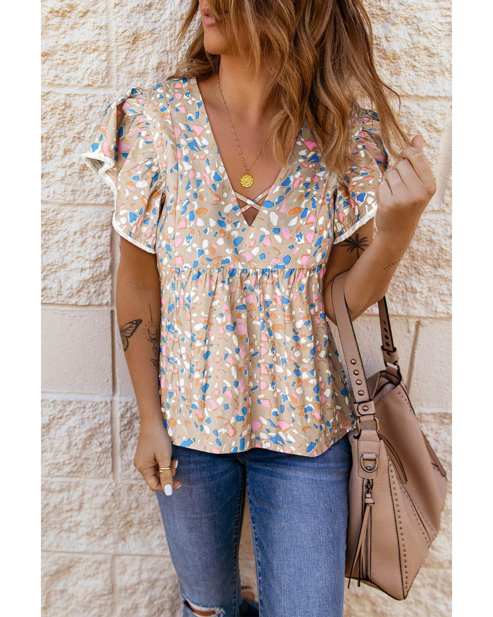 Azura Exchange Crisscross V Neck Ruffle Sleeve Printed Flowy Blouse - XL Main image
