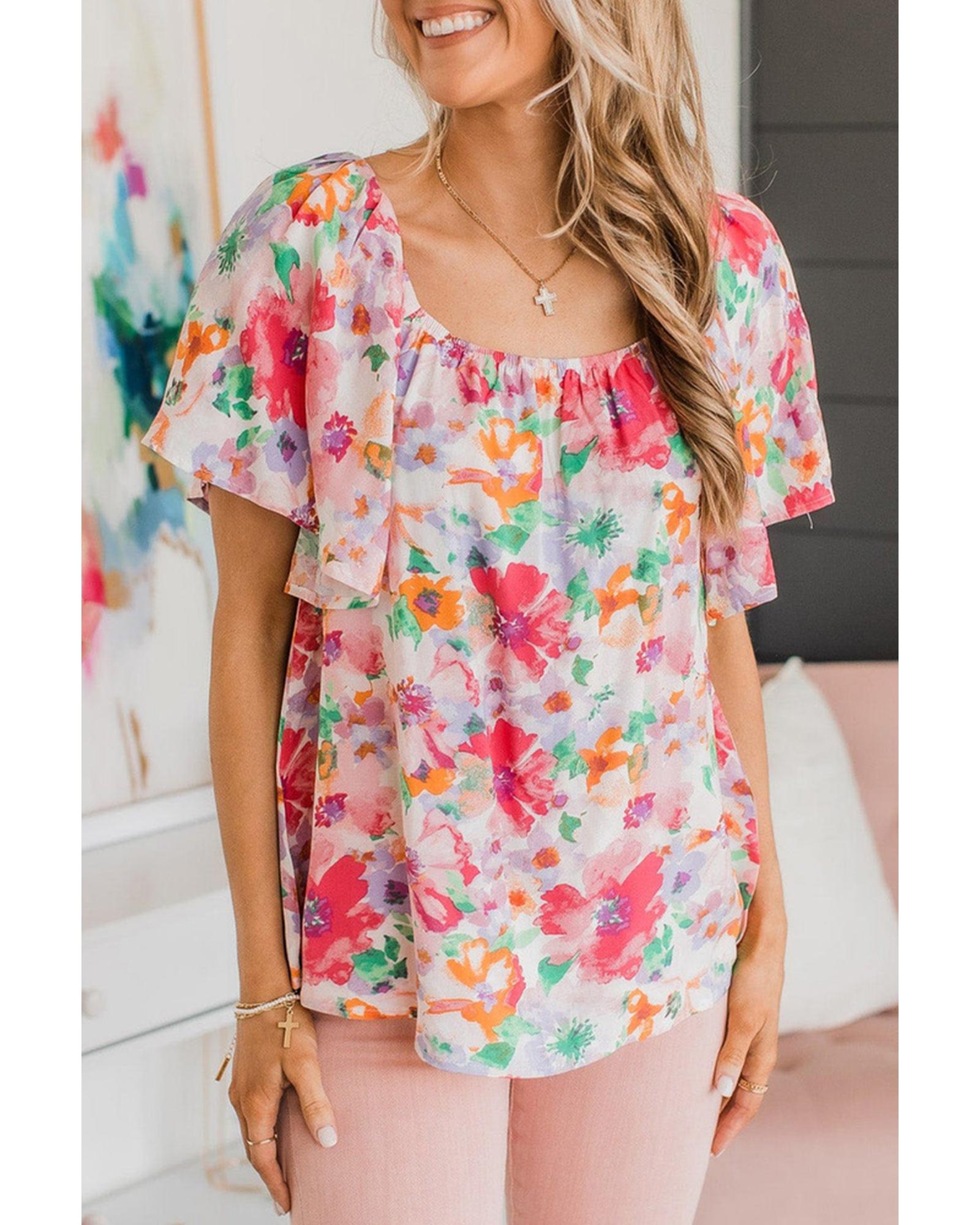 Azura Exchange Watercolor Floral Ruffle Sleeve Blouse - XL Main image