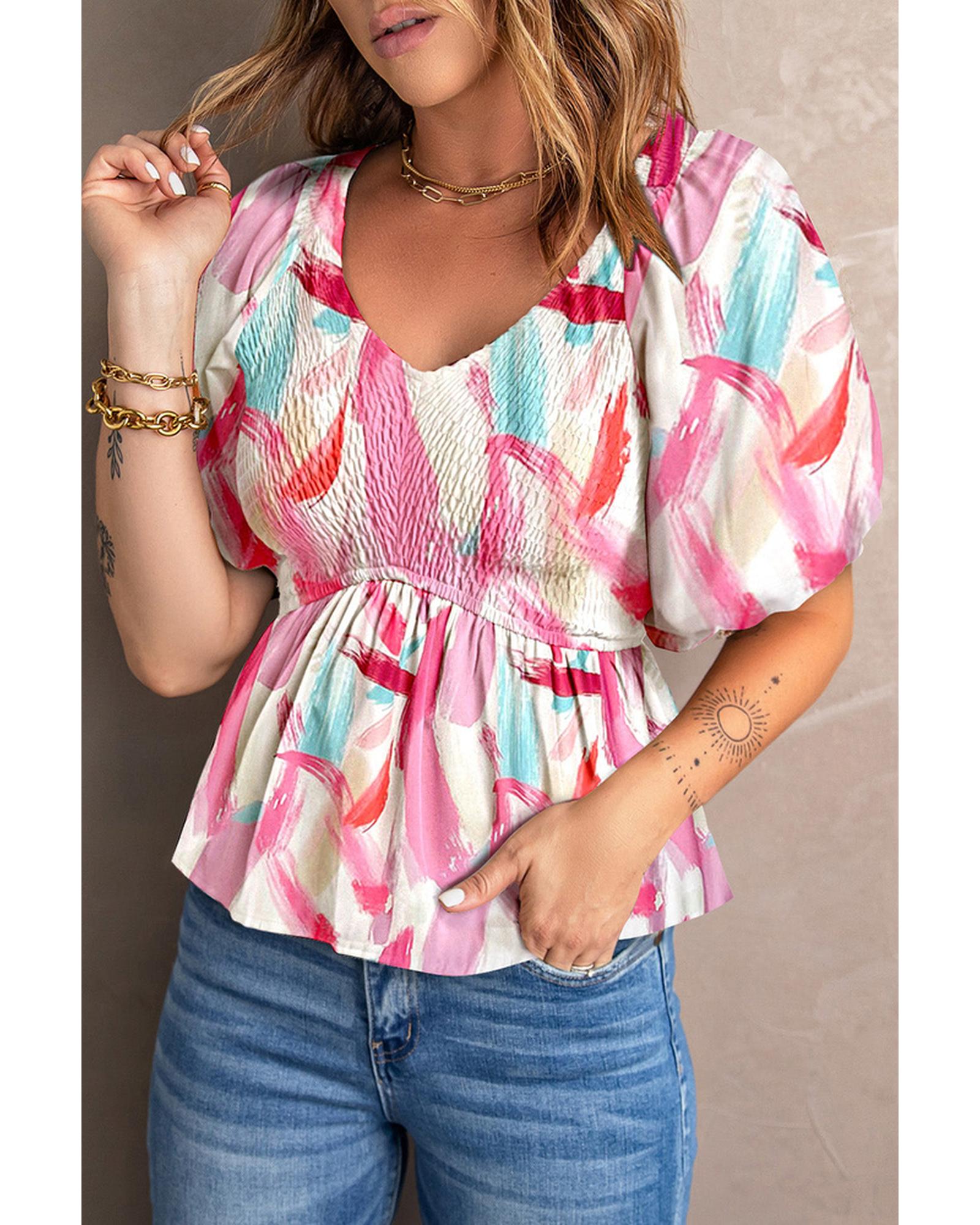 Azura Exchange Puff Sleeve Peplum Top with Abstract Print - S Main image