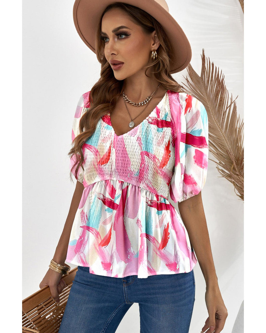 Azura Exchange Puff Sleeve Peplum Top with Abstract Print - XL