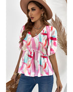 Azura Exchange Puff Sleeve Peplum Top with Abstract Print - XL