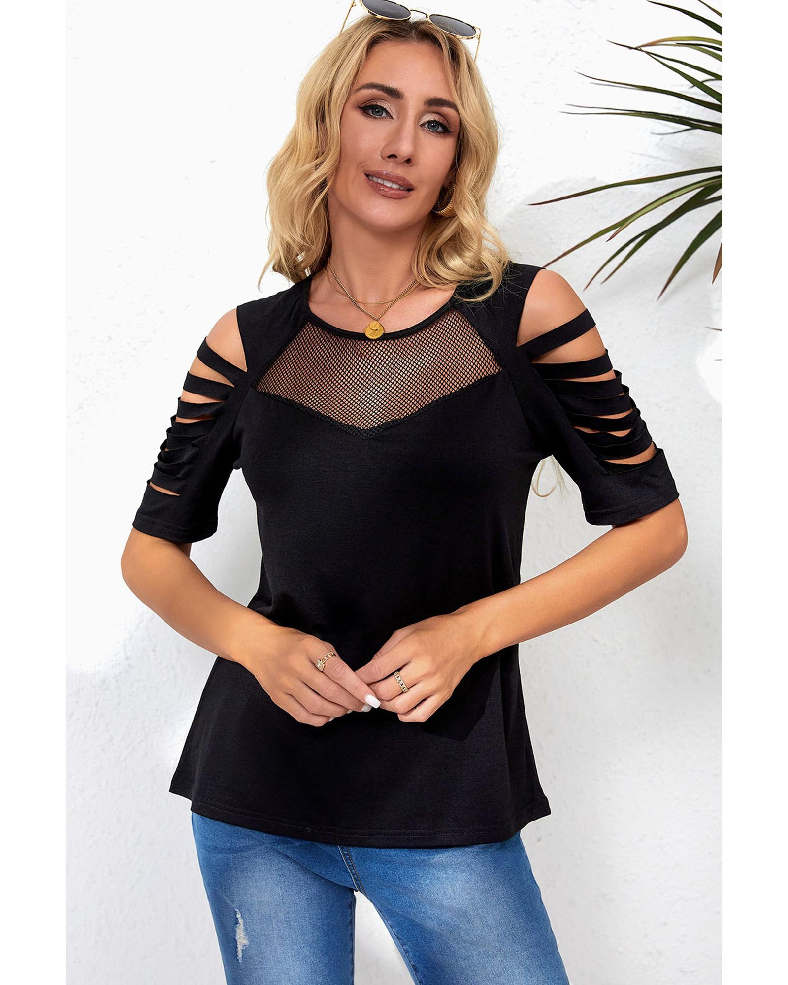 Azura Exchange Fishnet Splicing Cutout Shoulder Sleeve Top - M Secondary image