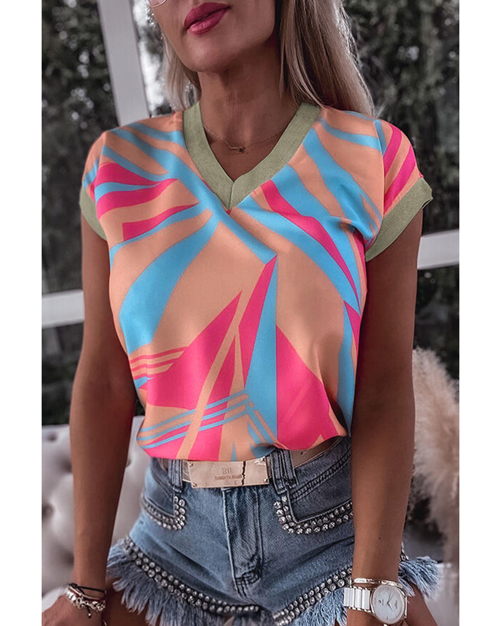 Azura Exchange Geometric Print V Neck Blouse - S Main image