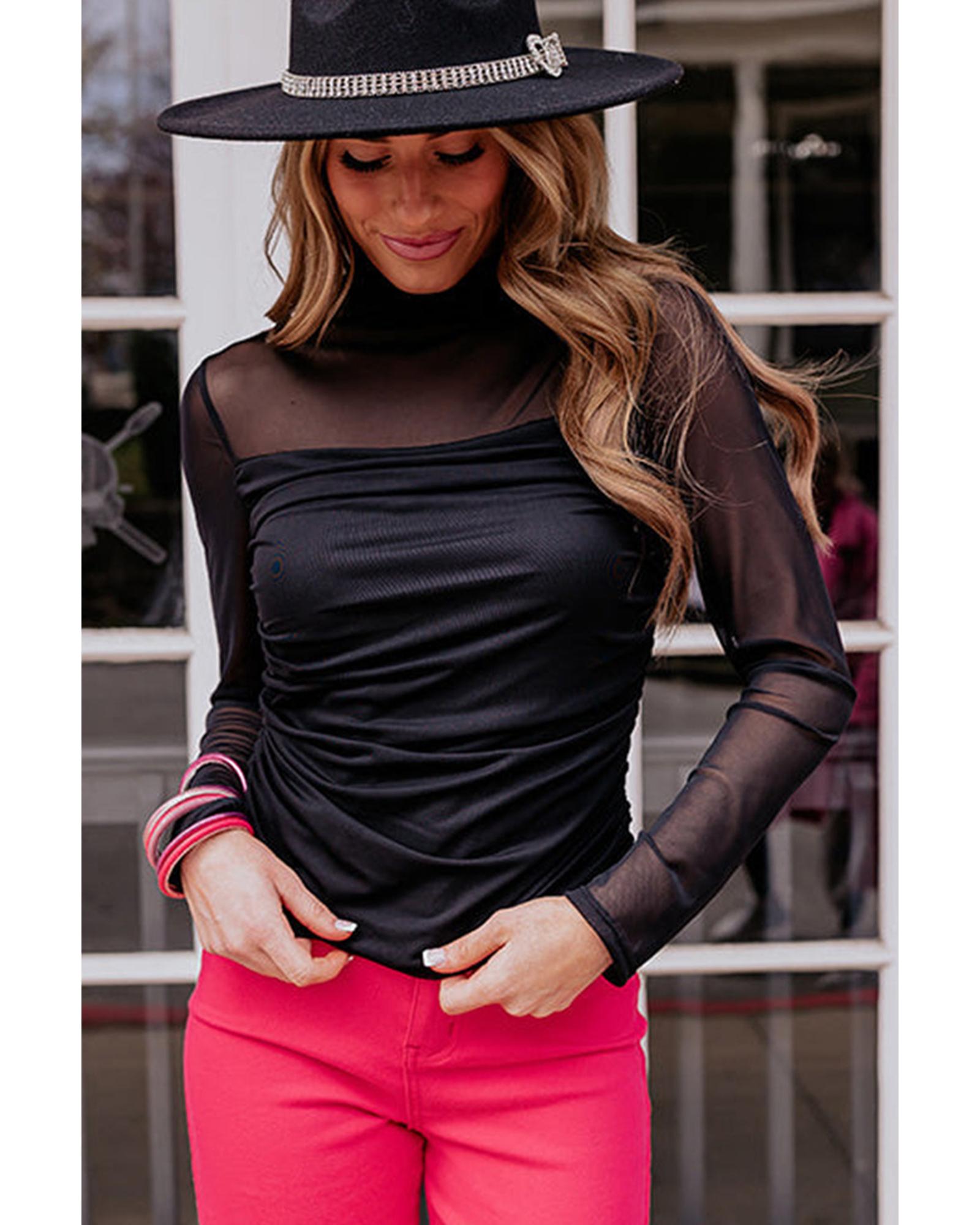 Azura Exchange Ruched Mesh Long Sleeve Top - S