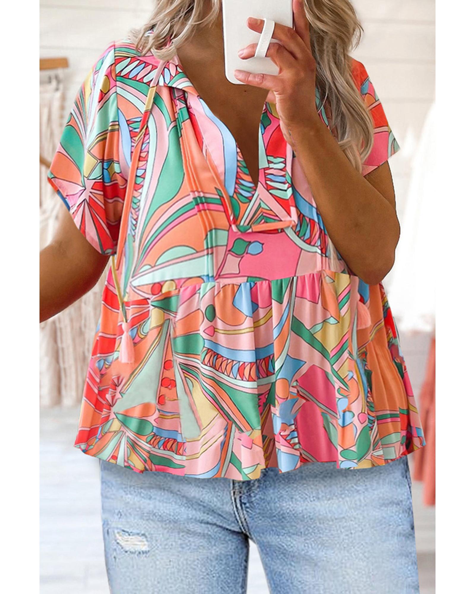 Azura Exchange Abstract Pattern Split V Neck Flowy Blouse - S Main image
