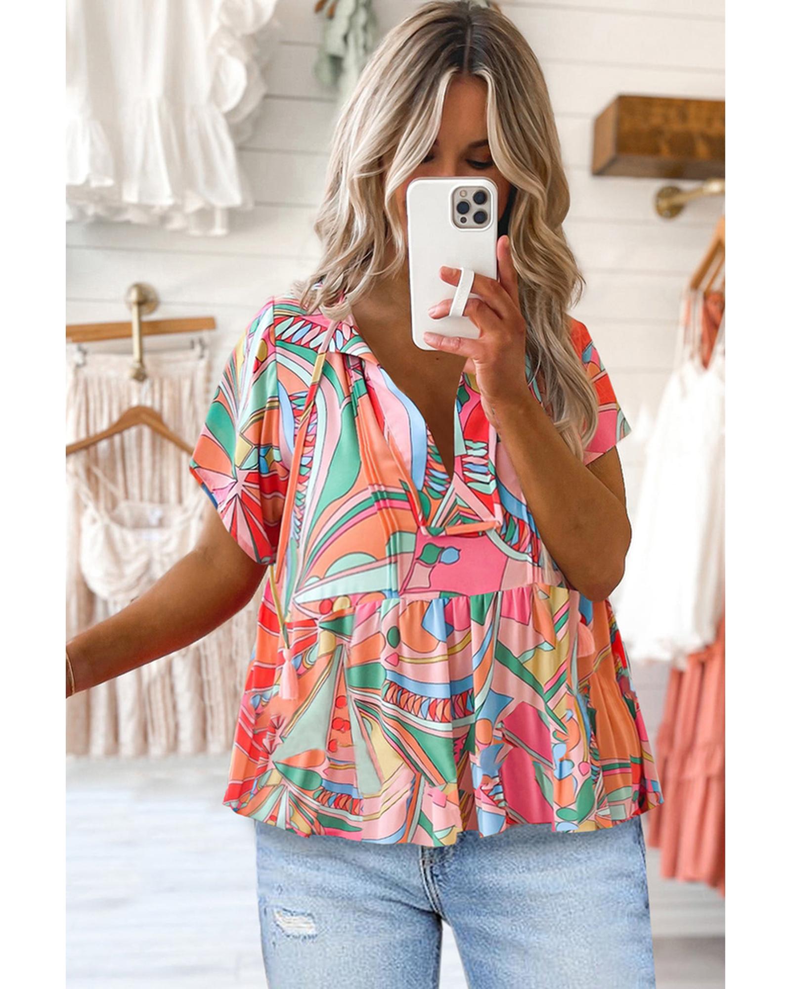 Azura Exchange Abstract Pattern Split V Neck Flowy Blouse - S Secondary image