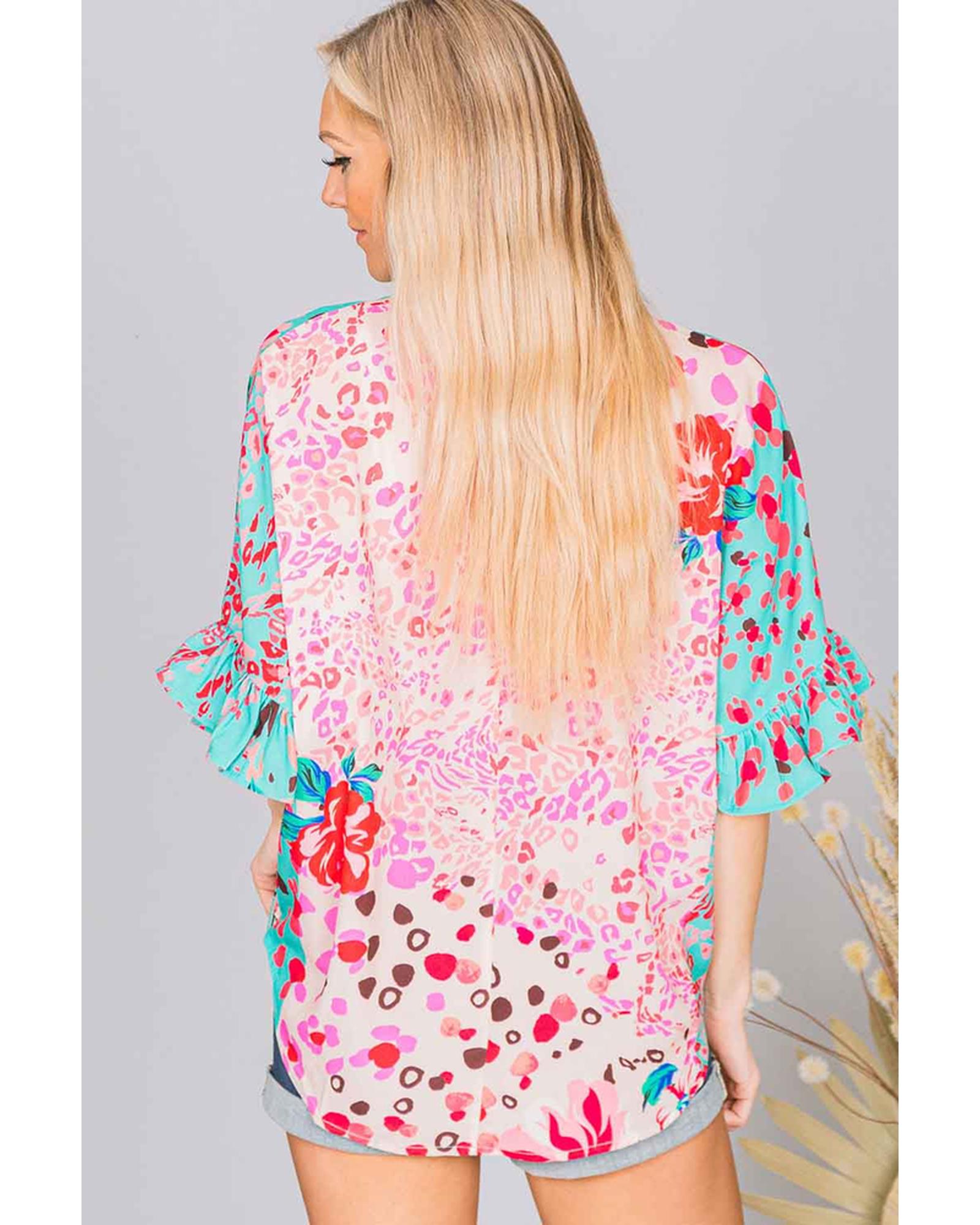Azura Exchange Leopard Floral Mixed Print Ruffle Sleeve Blouse - L Secondary image