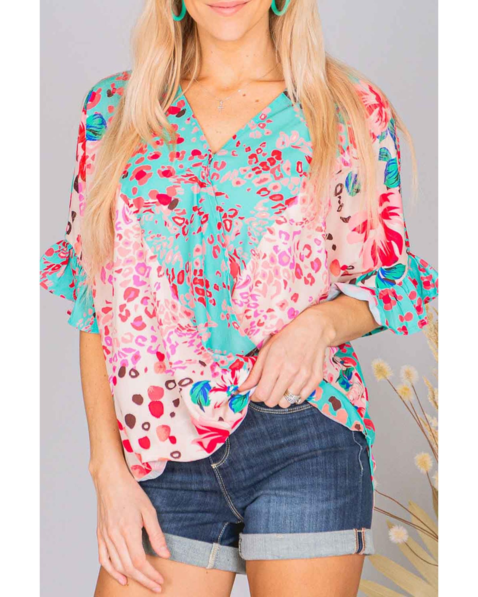 Azura Exchange Leopard Floral Mixed Print Ruffle Sleeve Blouse - S Main image