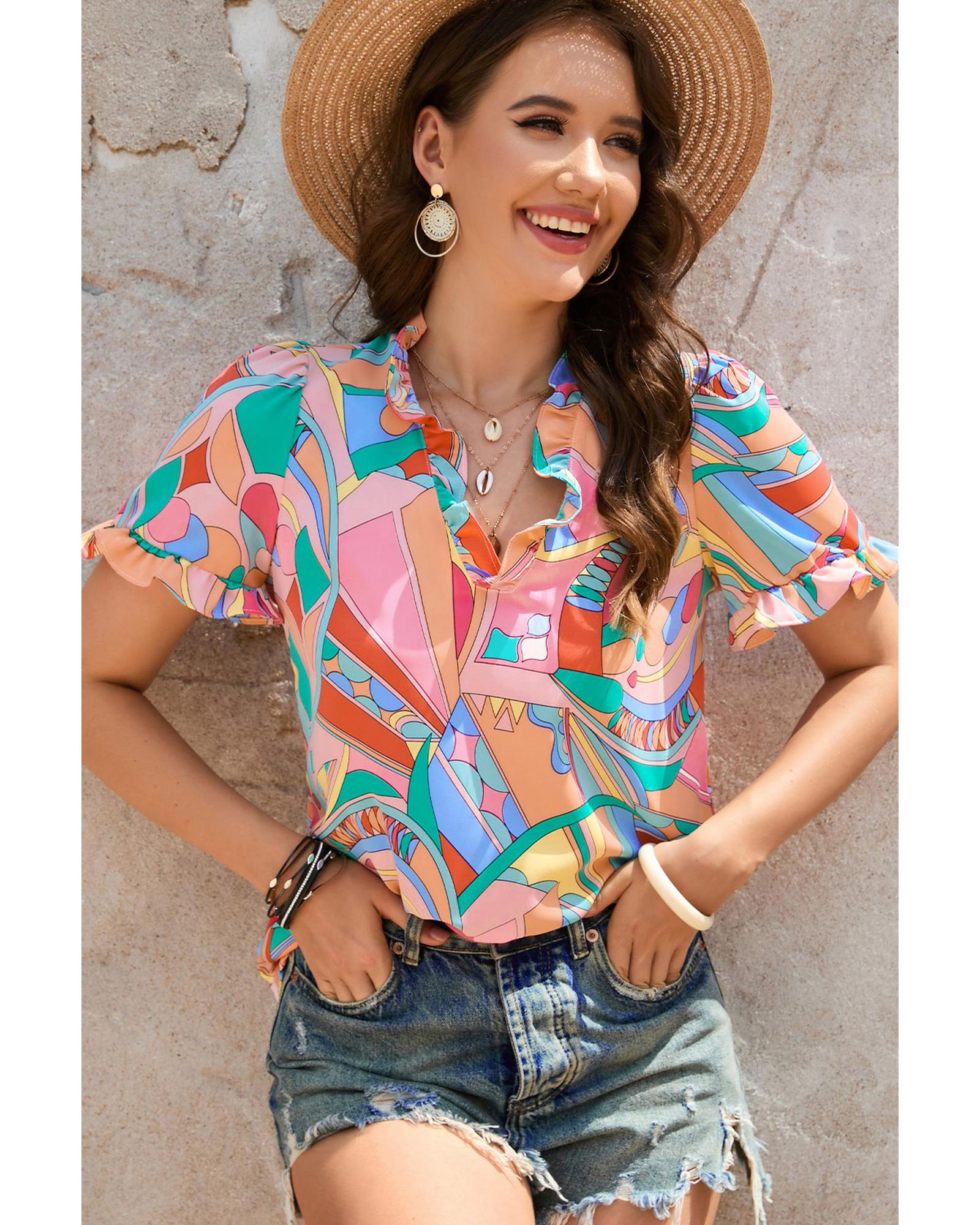 Azura Exchange Abstract Geometry Print Frilled V Neck Blouse - S Secondary image