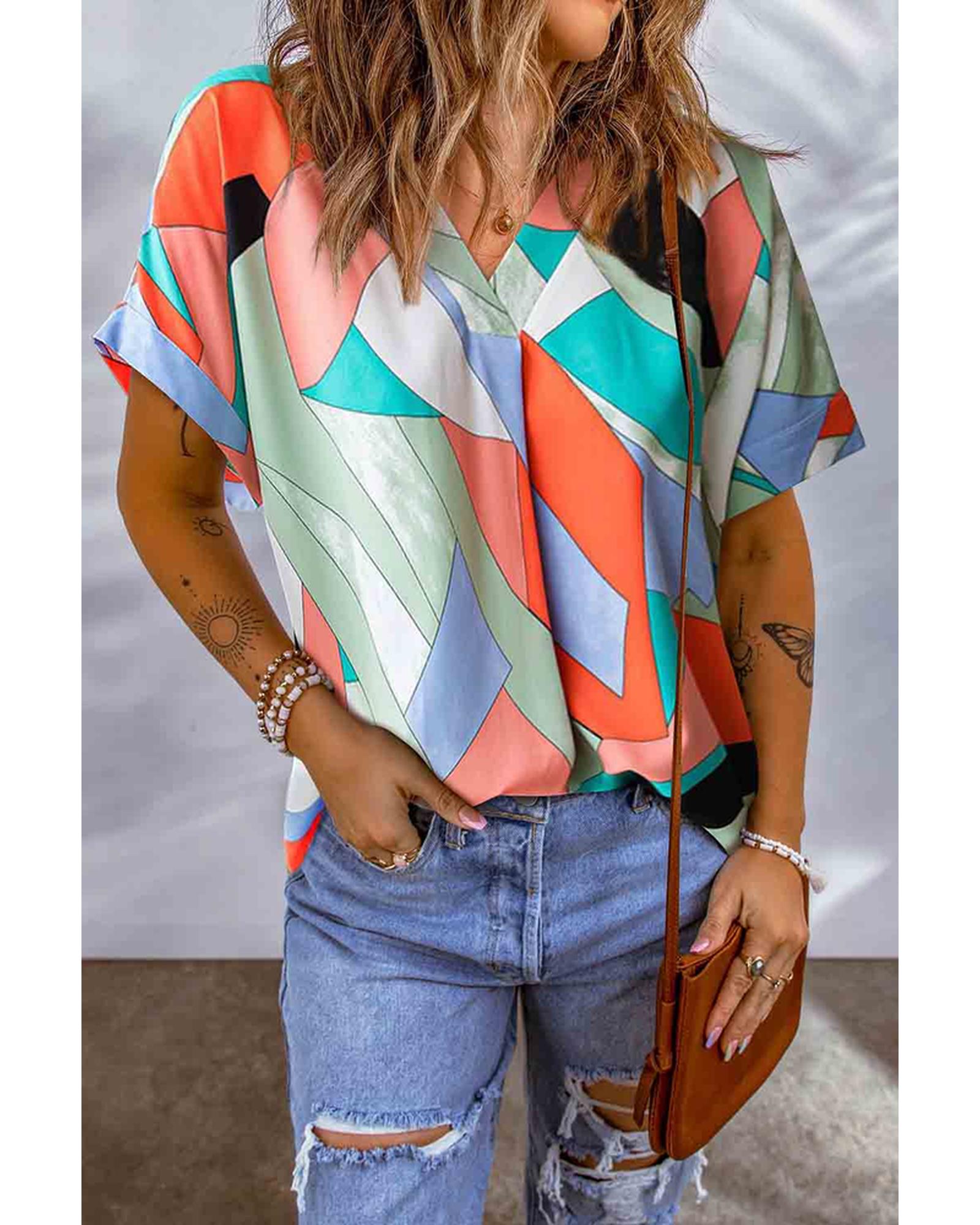 Azura Exchange Irregular Color Block Printed Short Sleeve Blouse - S Main image