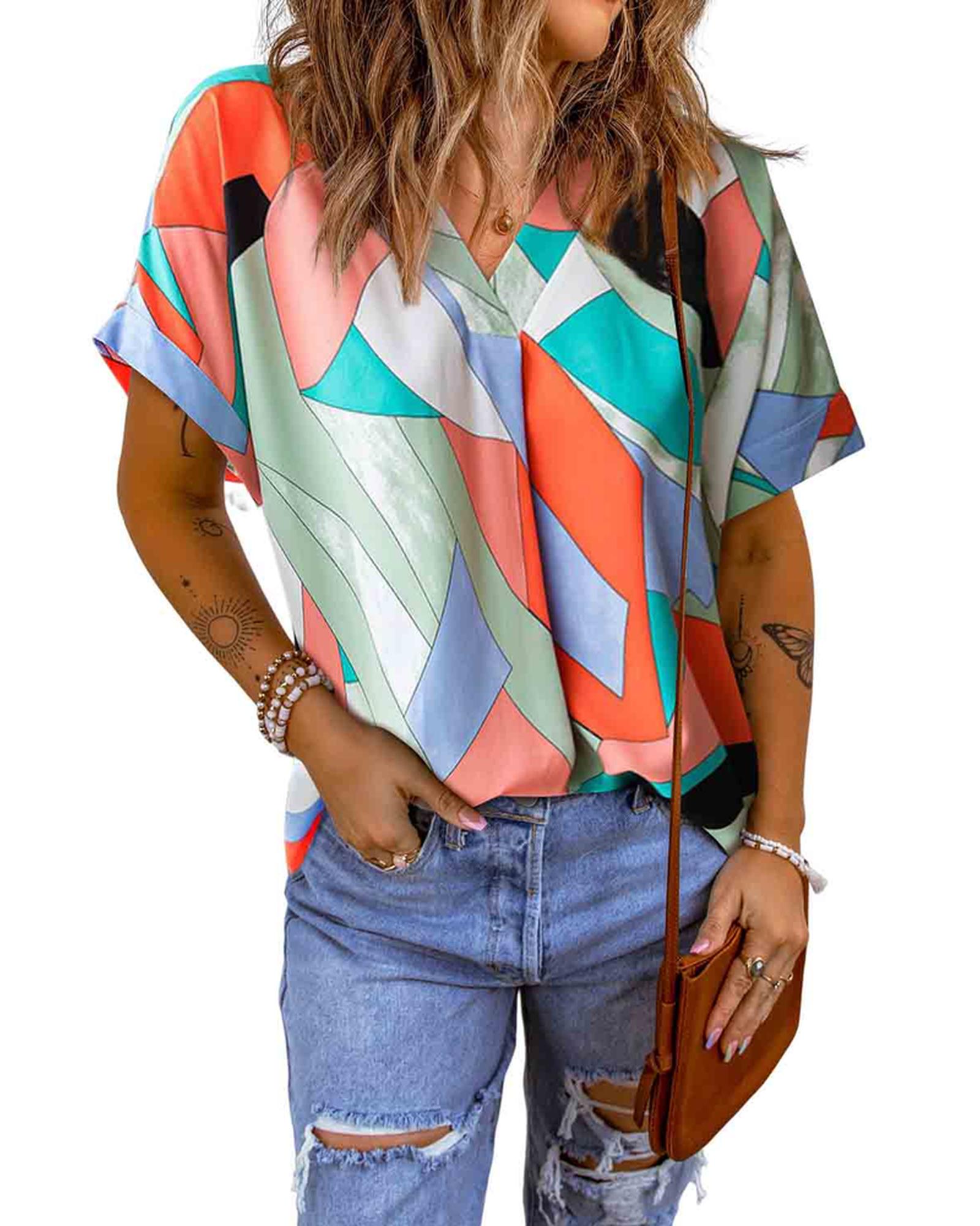 Azura Exchange Irregular Color Block Printed Short Sleeve Blouse - S Secondary image