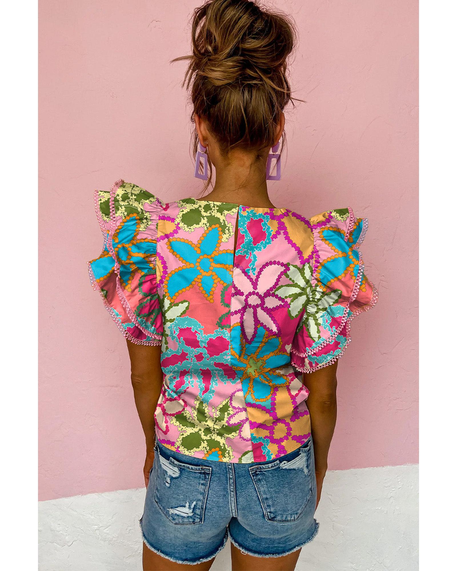 Azura Exchange Vibrant Floral Print Ruffle Sleeve Blouse - L Secondary image