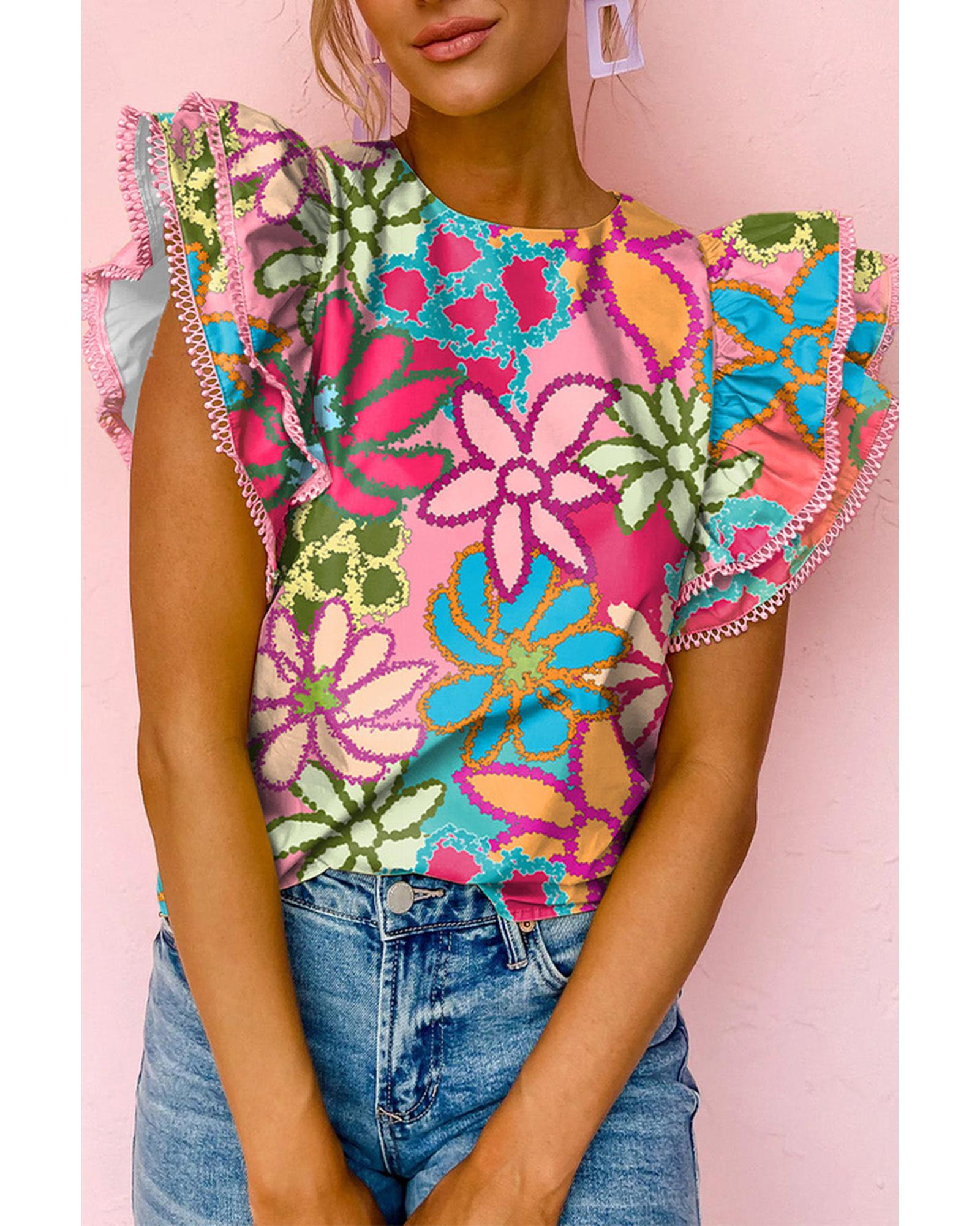 Azura Exchange Vibrant Floral Print Ruffle Sleeve Blouse - S Main image