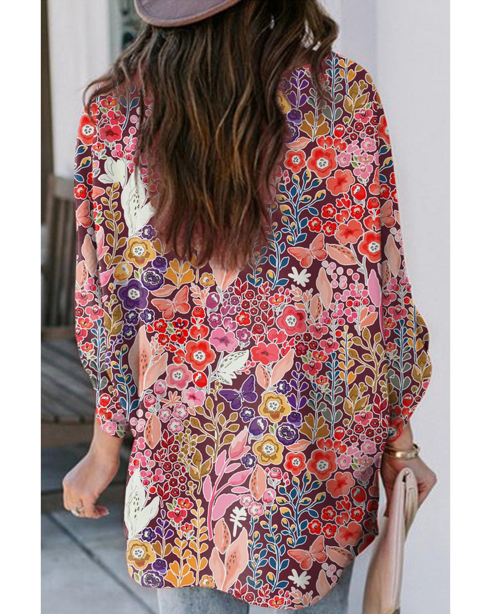 Azura Exchange Boho Floral Long Sleeve V-Neck Blouse - M Secondary image