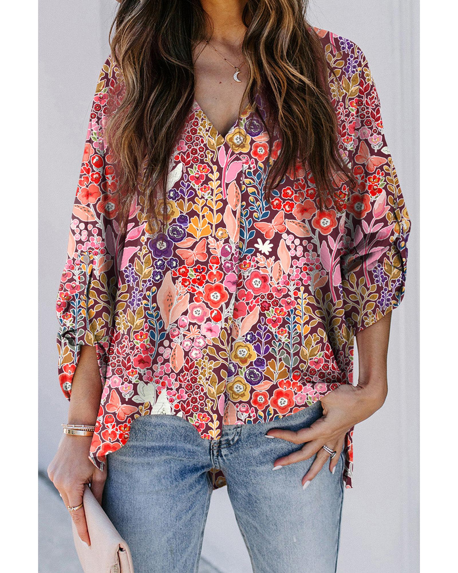 Azura Exchange Boho Floral Long Sleeve V-Neck Blouse - S Main image