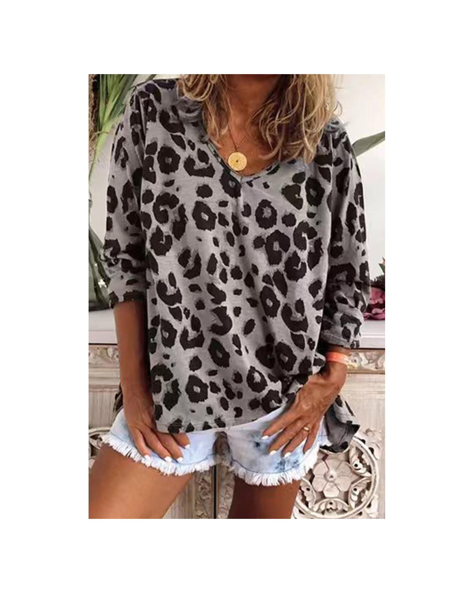 Azura Exchange Leopard Print V Neck Long Sleeve Top - S Main image