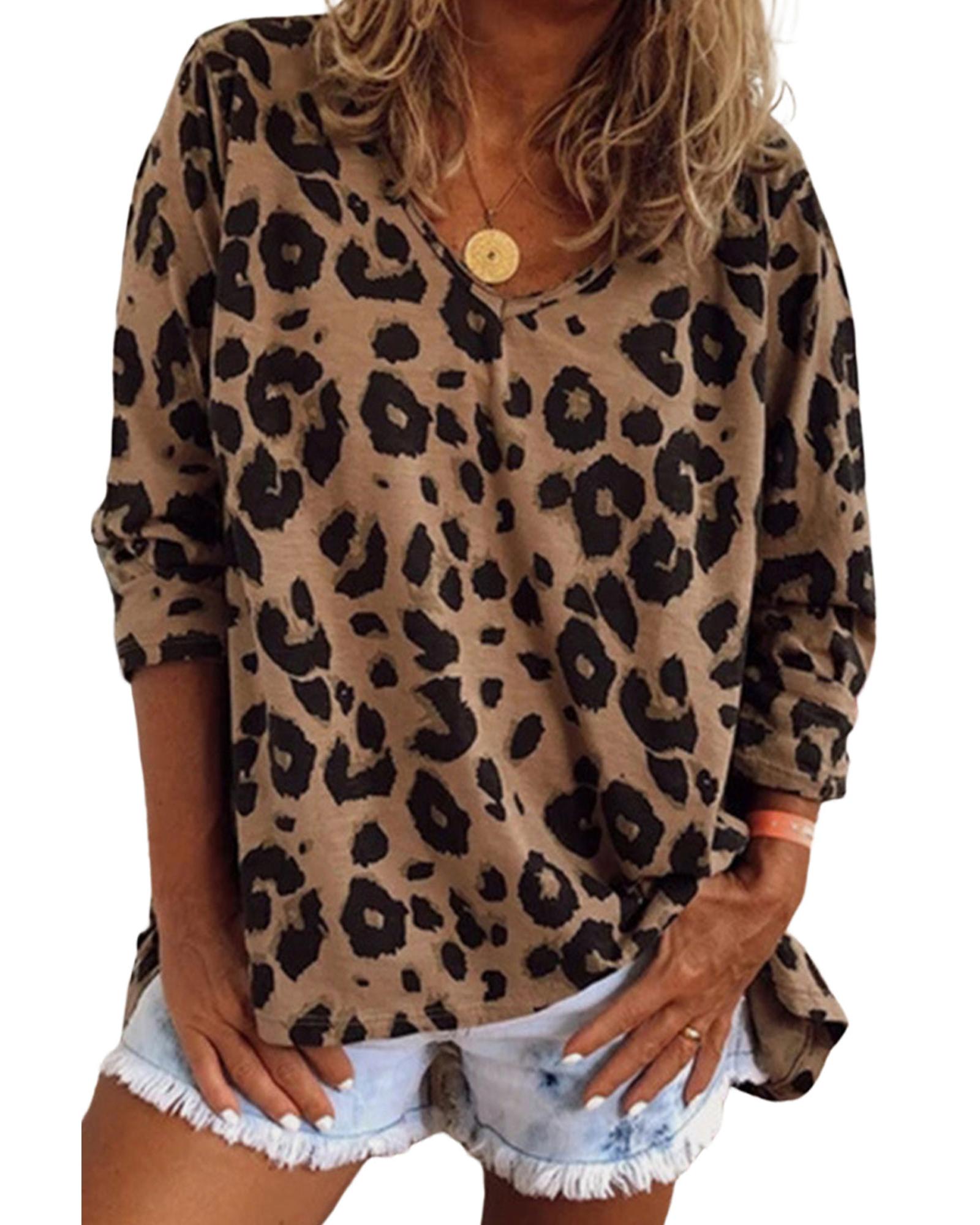 Azura Exchange Leopard Print V Neck Long Sleeve Top - S Secondary image