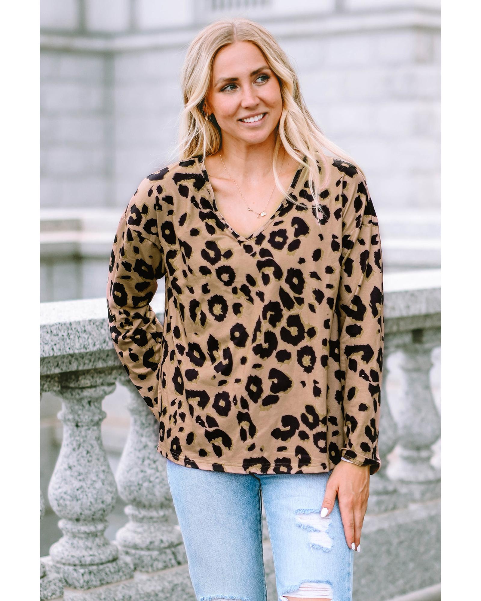 Azura Exchange Leopard Print V Neck Long Sleeve Top - S