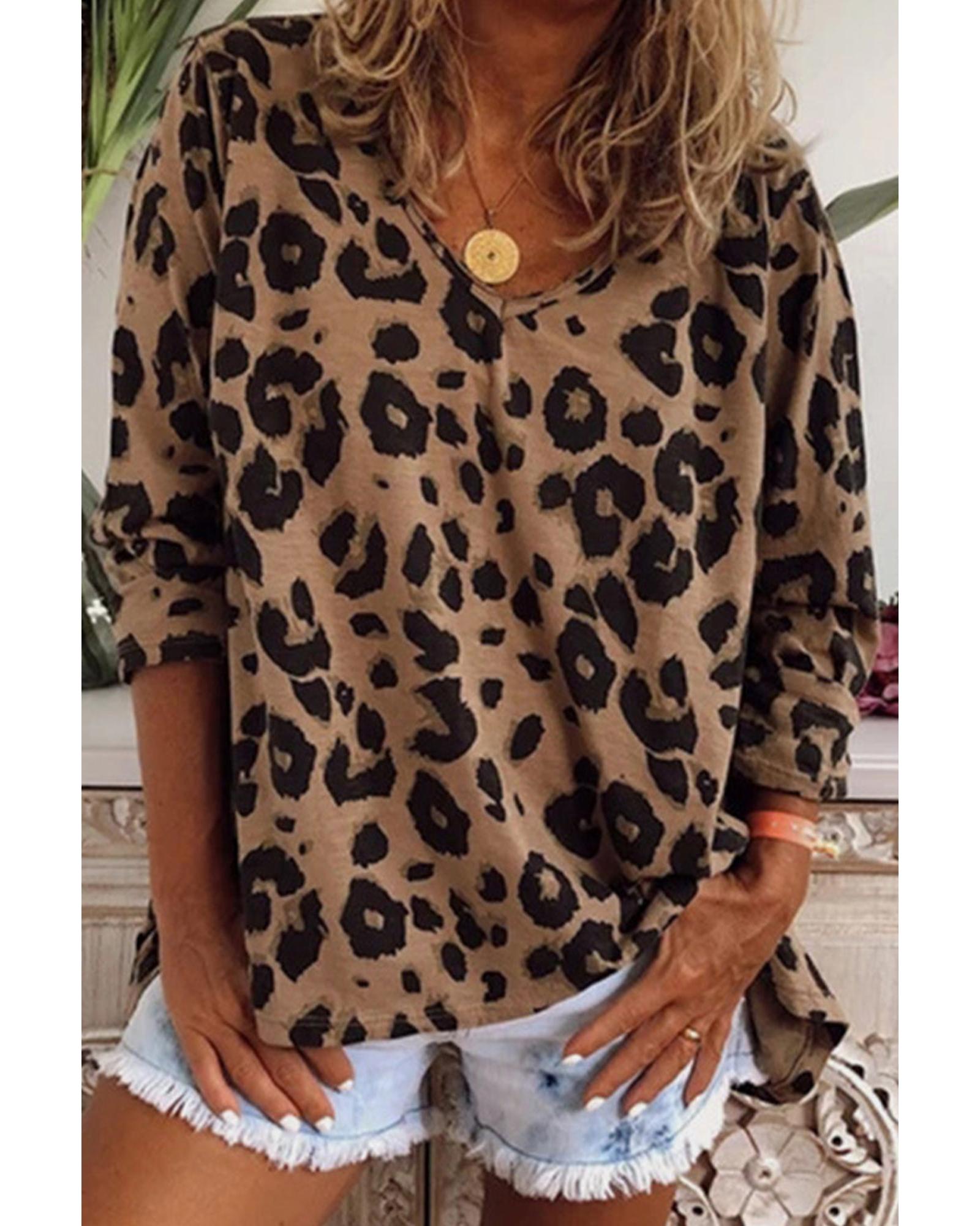 Azura Exchange Leopard Print V Neck Long Sleeve Top - XL Main image