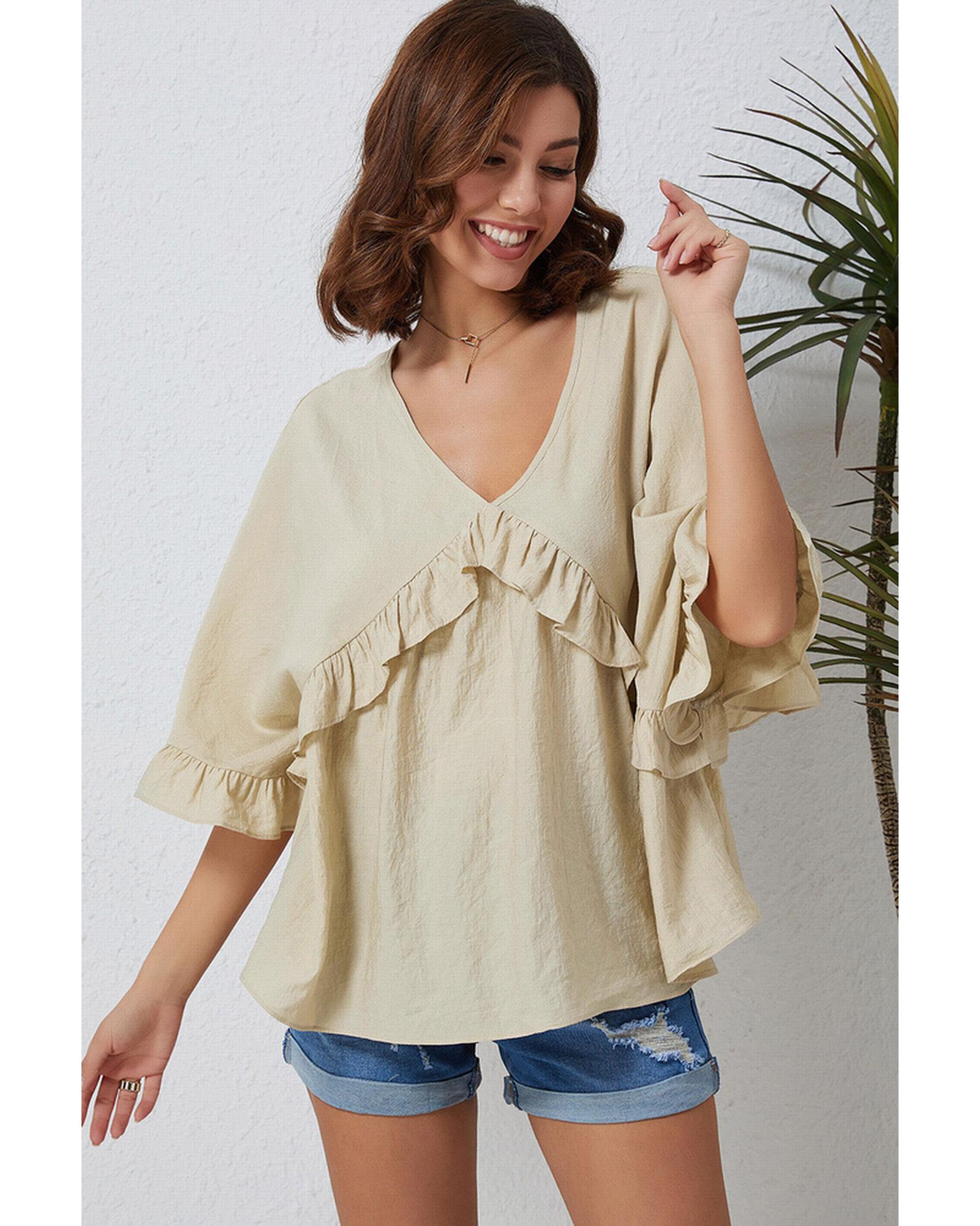 Azura Exchange Draped Batwing Sleeve Ruffle Top - M Main image