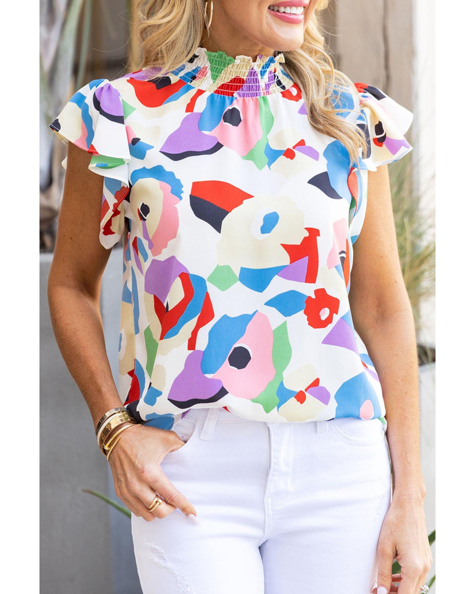 Azura Exchange Abstract Print Ruffle Sleeve Smocked Blouse - S Main image