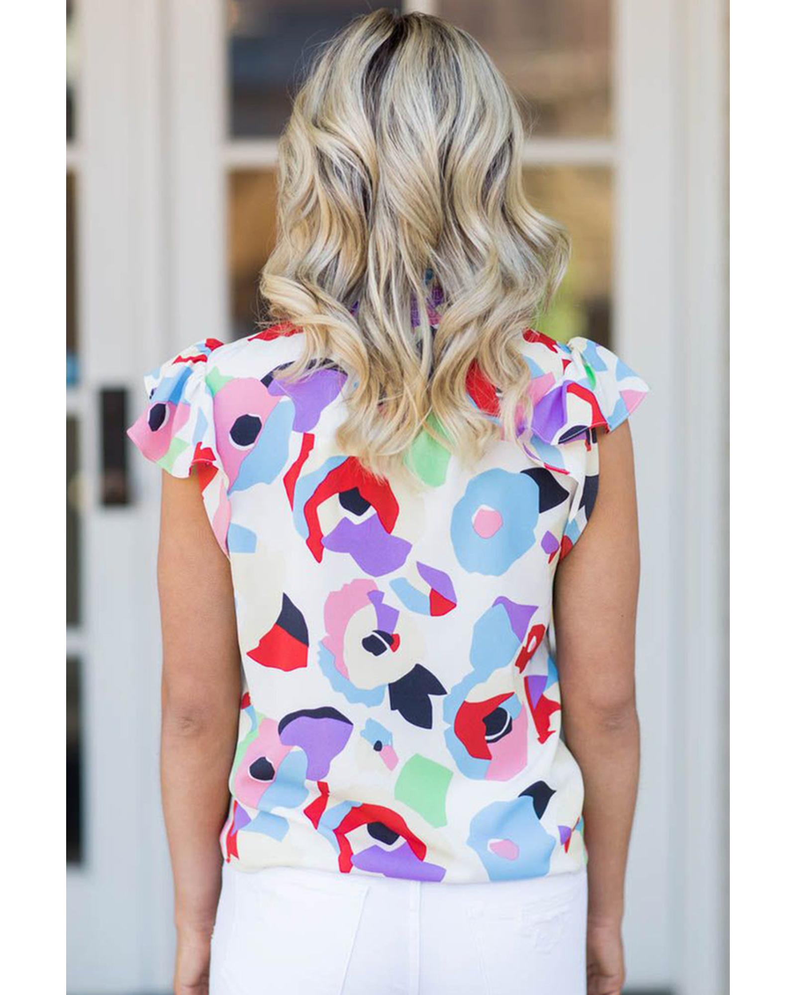 Azura Exchange Abstract Print Ruffle Sleeve Smocked Blouse - S Secondary image